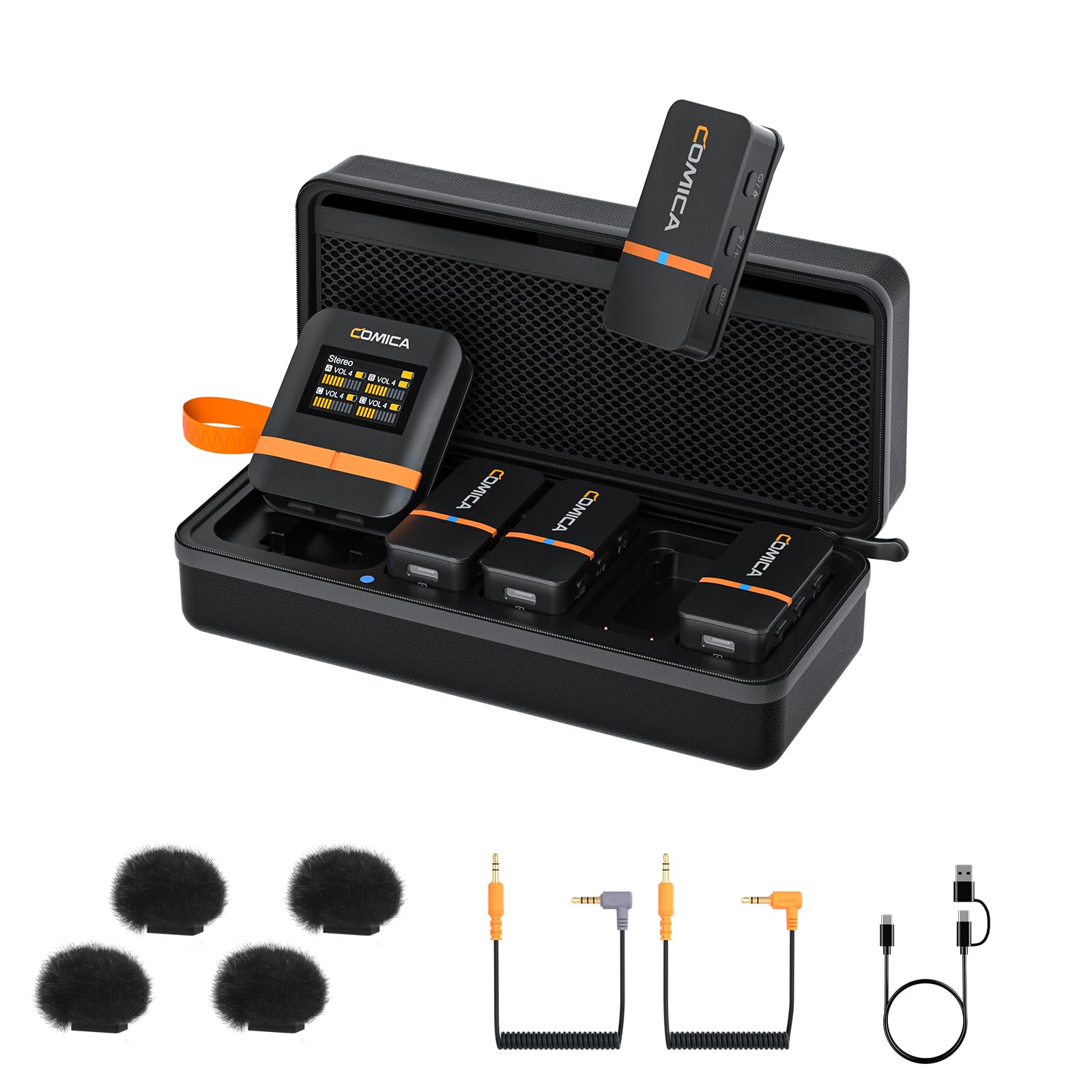 COMICA Vimo Q 4-Channel Wireless Lavalier Microphone System with Noise Cancellation - 656ft Range, 4 Audio Tracks Output for iPhone, Android, DSLR Camera - Perfect for Video Recording, Live Streaming & Podcasting
