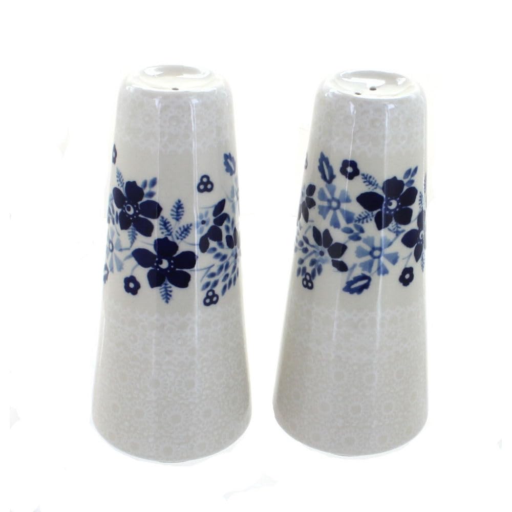 Hand-Painted Blue Rose Polish Pottery Christiana Salt and Pepper Shakers Set - Vintage Ceramic Spice Shakers for Kitchen, Dining Table & Gift Giving