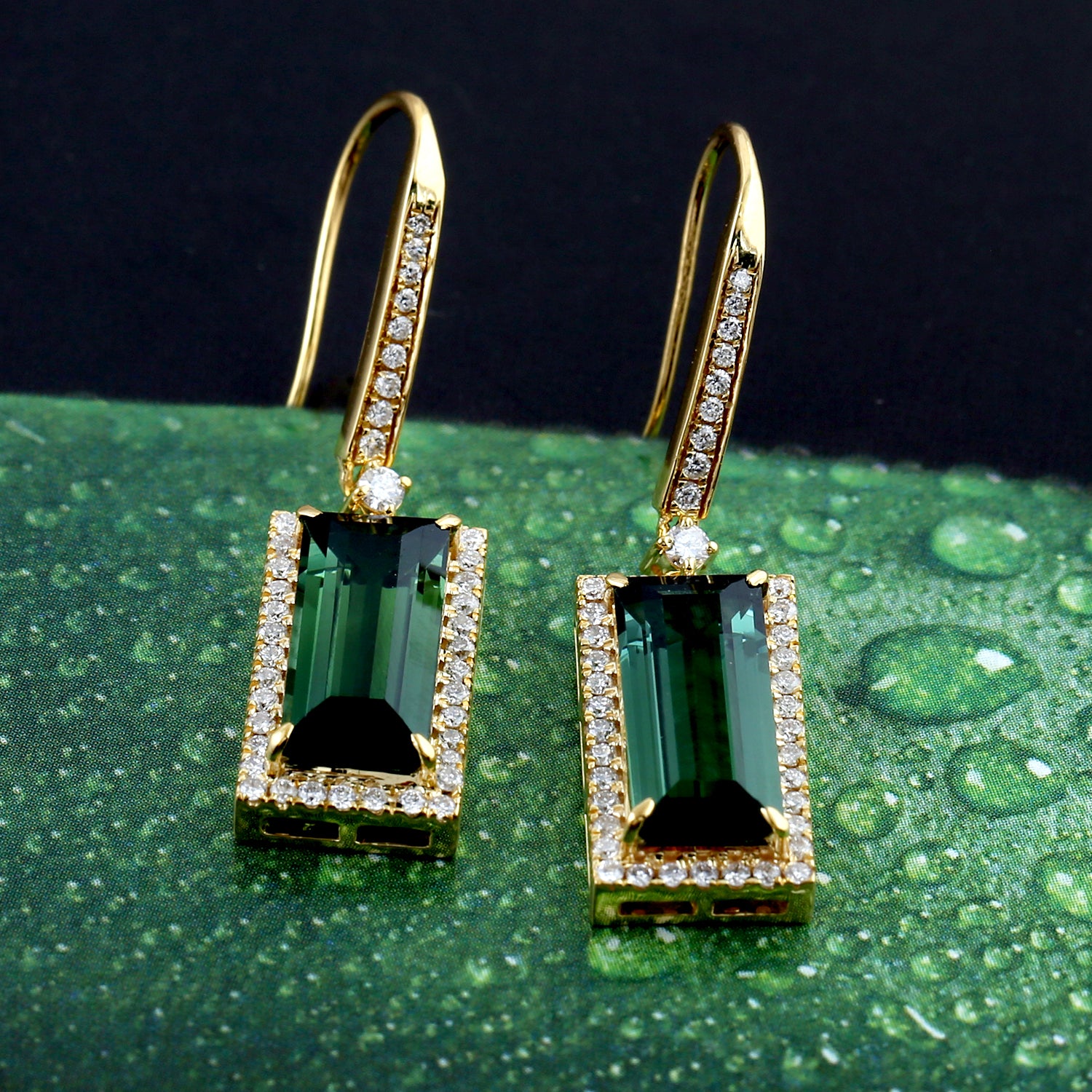 Baguette Cut Green Tourmaline & Diamond Ear Hook Earrings - 14K Yellow Gold Dangle Earrings for Women | Perfect for Weddings, Parties & Special Occasions