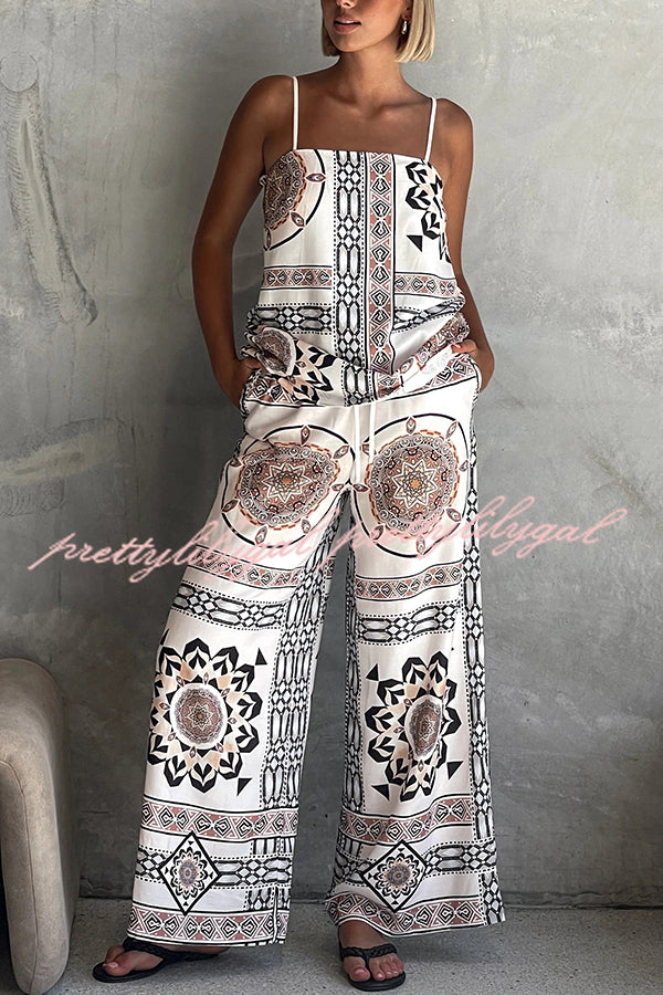 Stylish Printed Loose Casual Tank Top with Elastic Waist Wide Leg Pants Set - Women's Summer Outfit for Beach, Travel & Daily Wear