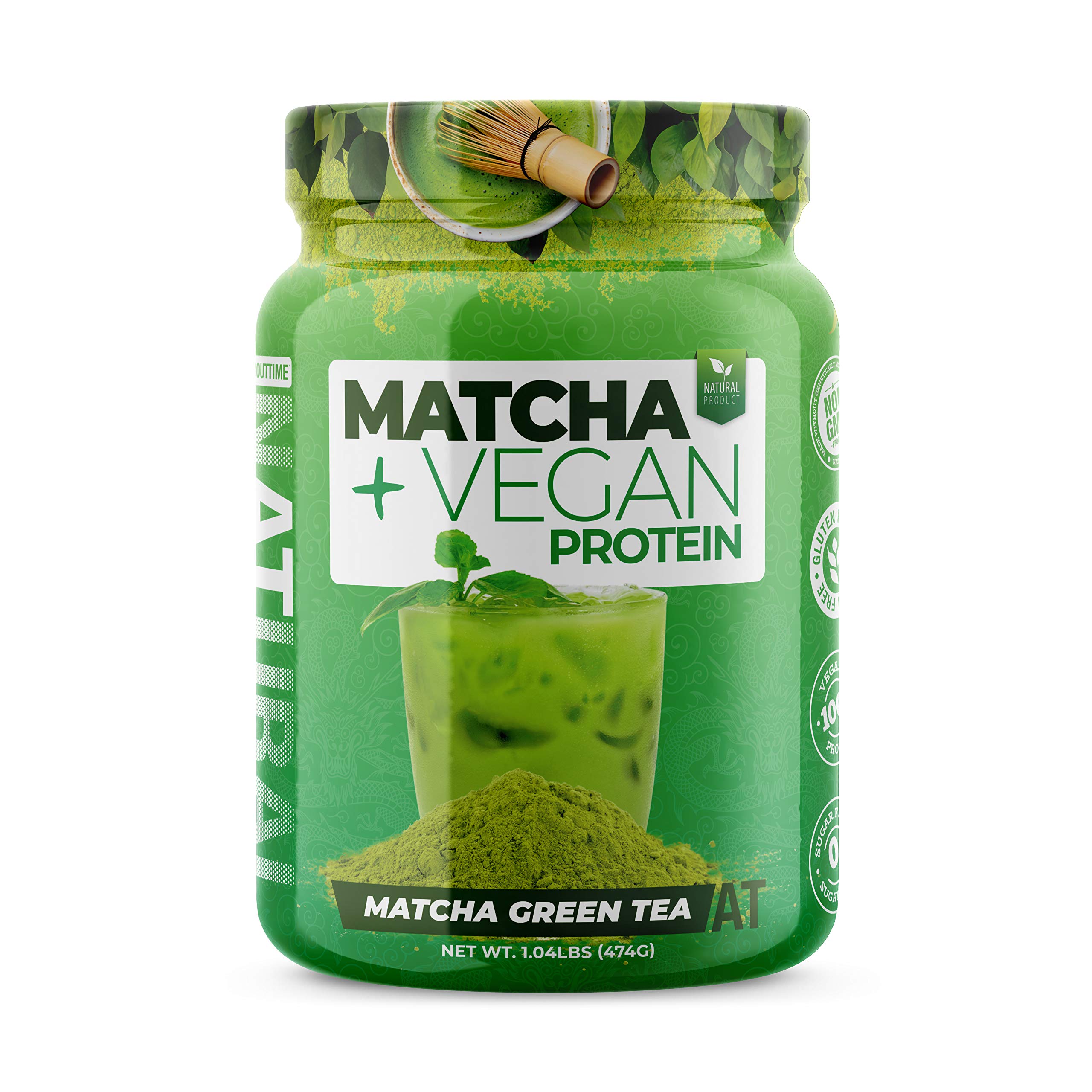 Organic Matcha Green Tea Powder with Vegan Protein (Non-GMO, All Natural, Gluten-Free, 16g Plant Protein per Serving) - 1.04lb Jar for Smoothies, Baking & Energy Boosts