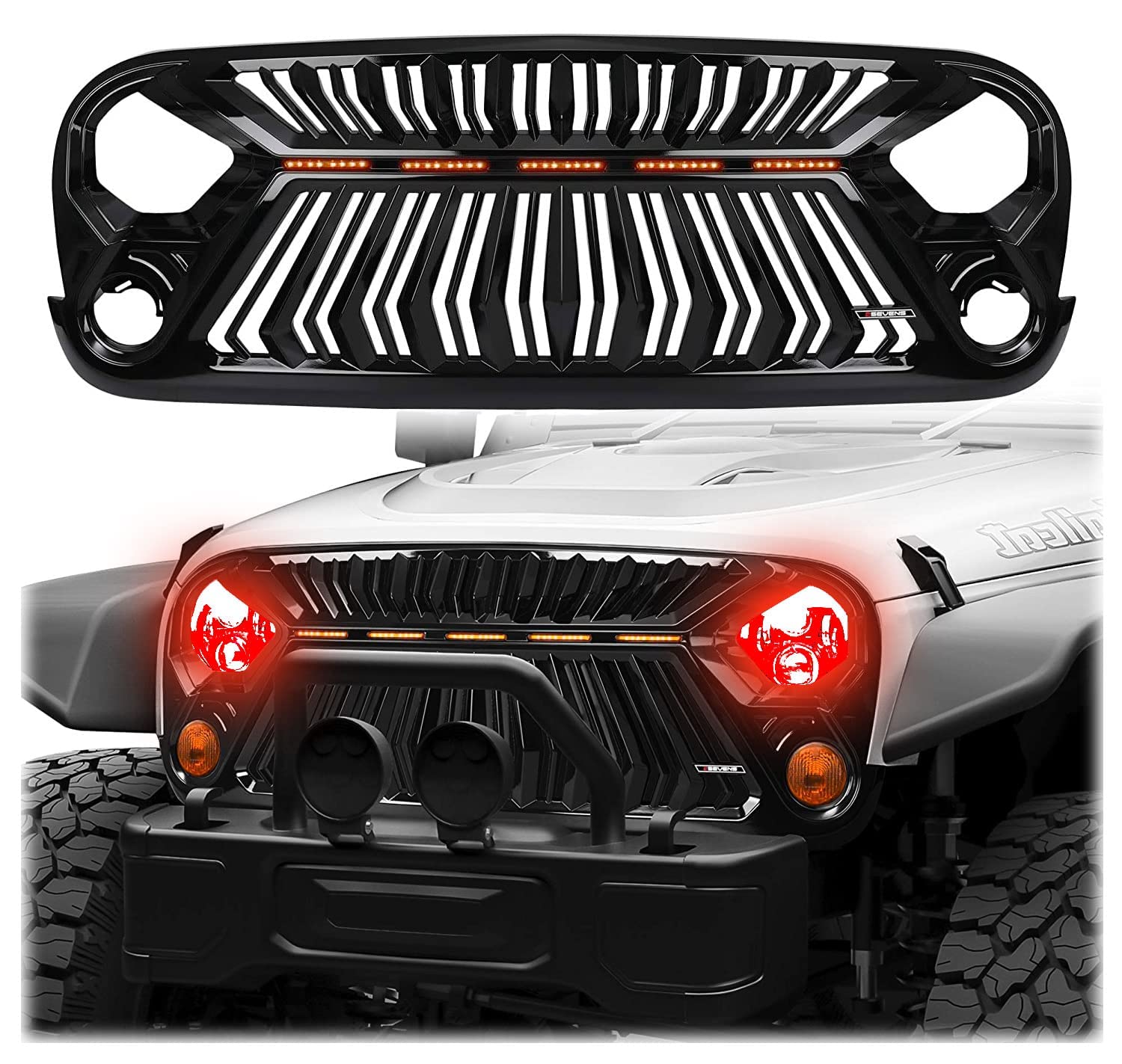 SEVEN SPARTA Jeep Wrangler JK/JKU Front Grill (2007-2018) - Thunderfury Style with 5 LED Grille Lights, Strip, Clips & Rivets - Gloss Black Paint | Off-Road Upgrade & Customization Accessory