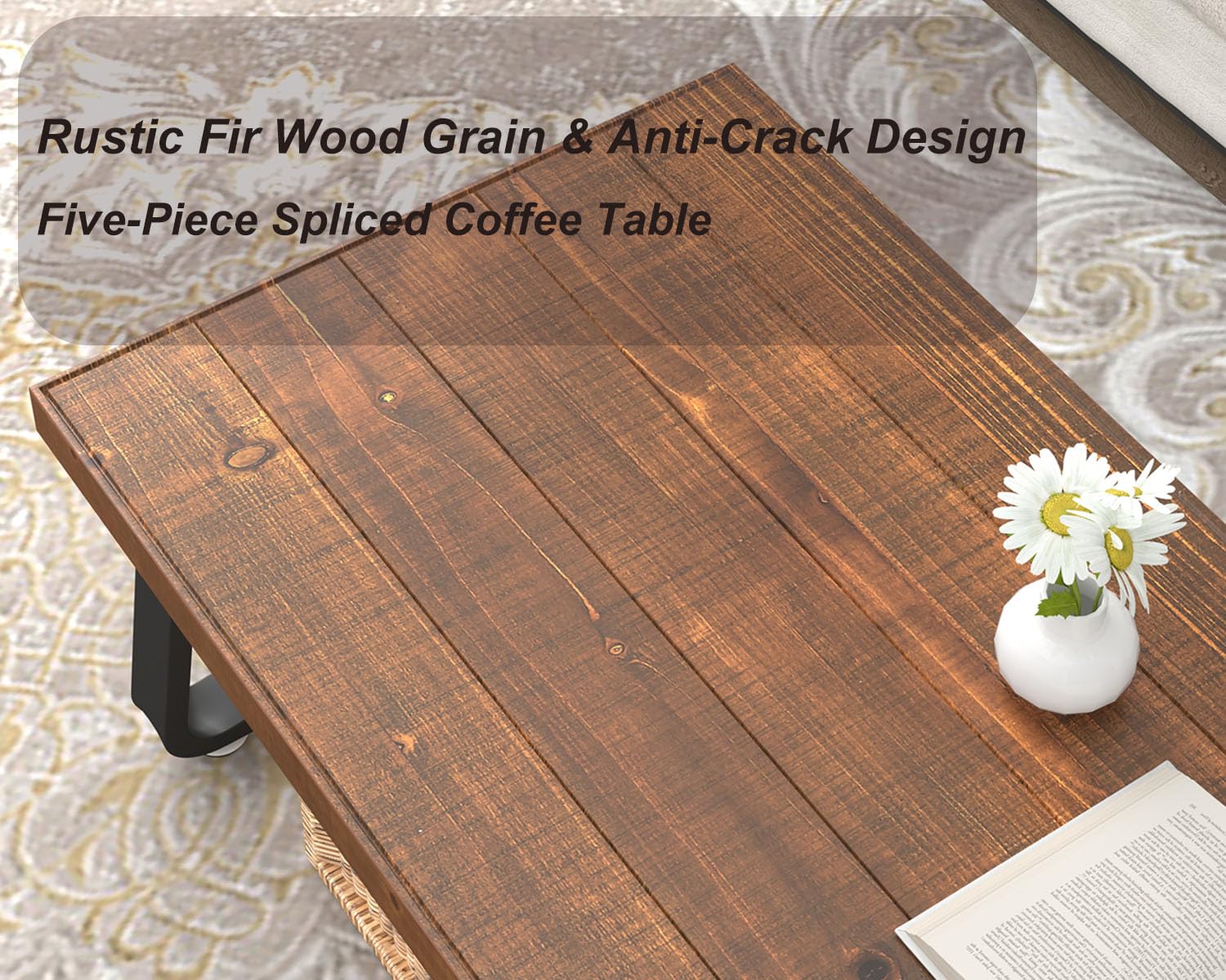 IBF 47 Inch Rustic Brown Solid Wood Coffee Table - Modern Industrial Minimalist Design with Metal Frame, Rectangle Living Room Center Table for Cocktail & Tea - Perfect for Farmhouse, Loft & Apartment Decor