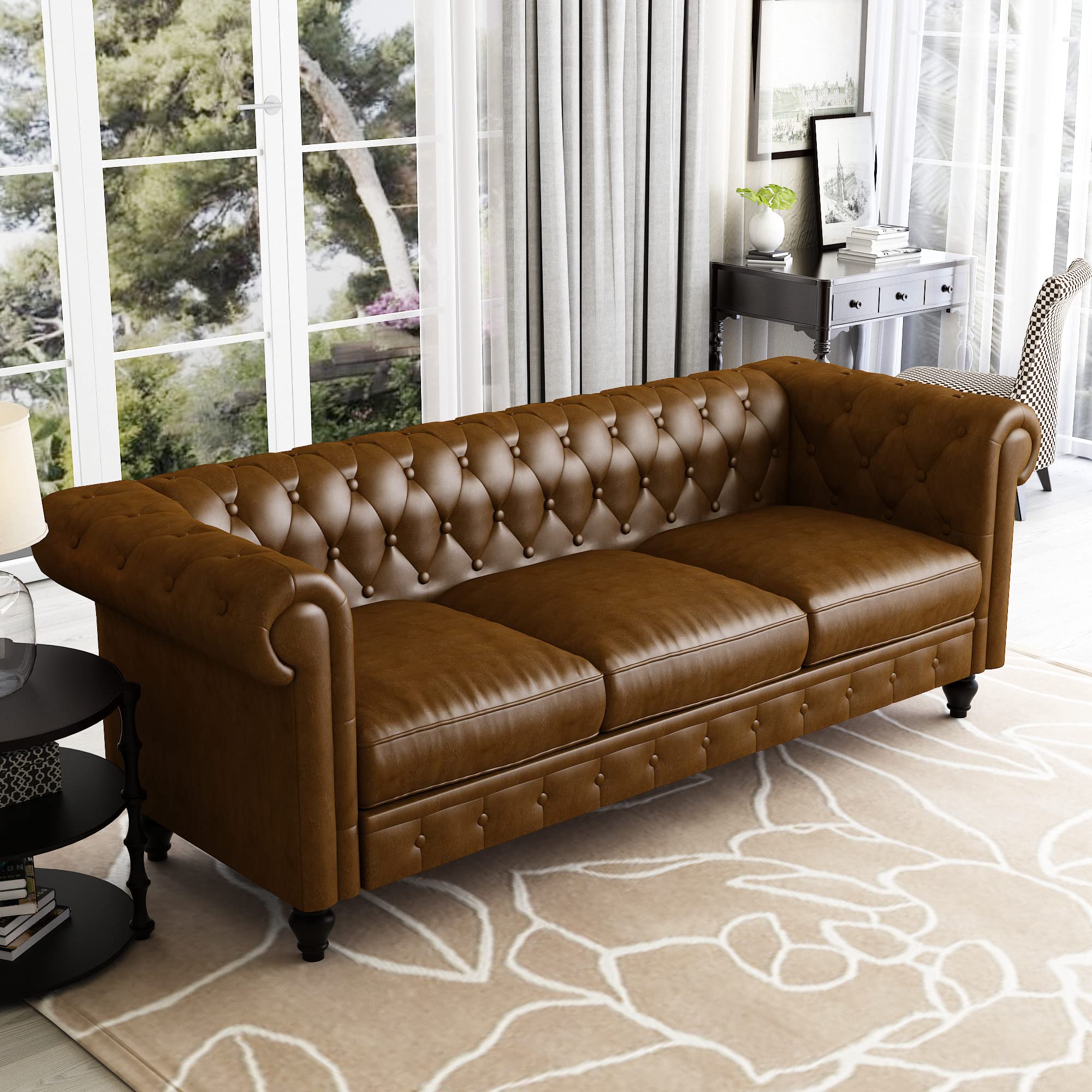 Yoglad Chesterfield Sofa - Faux Leather Rolled Arm 3-Seater Couch with Sturdy Wooden Frame | Perfect for Living Room, Bedroom & Apartment Decor | Classic Brown Leather Sofa for Cozy Home & Office Lounge
