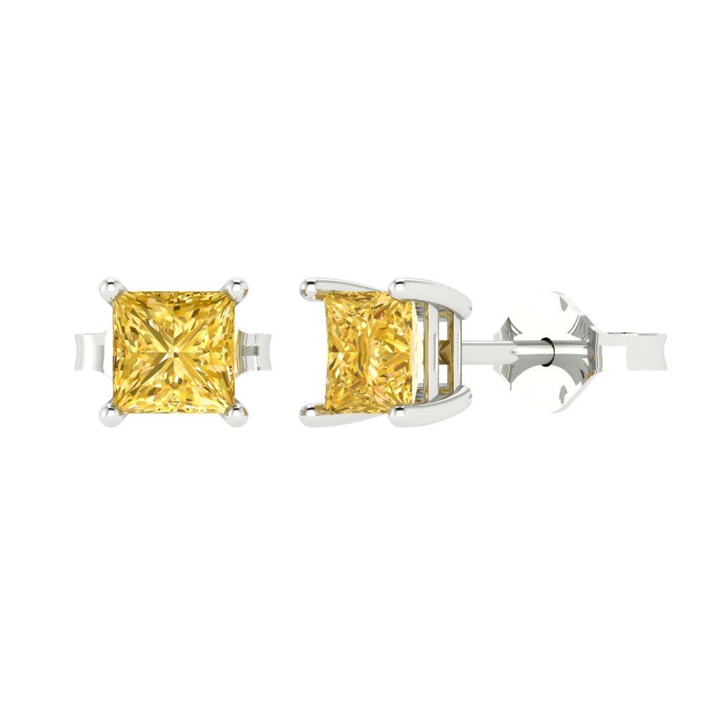 1.50 Carat Princess Cut Canary Yellow Simulated Diamond Stud Earrings in 14K White Gold - Anniversary Gift for Her, Push Back Setting - Perfect for Weddings, Parties & Special Occasions