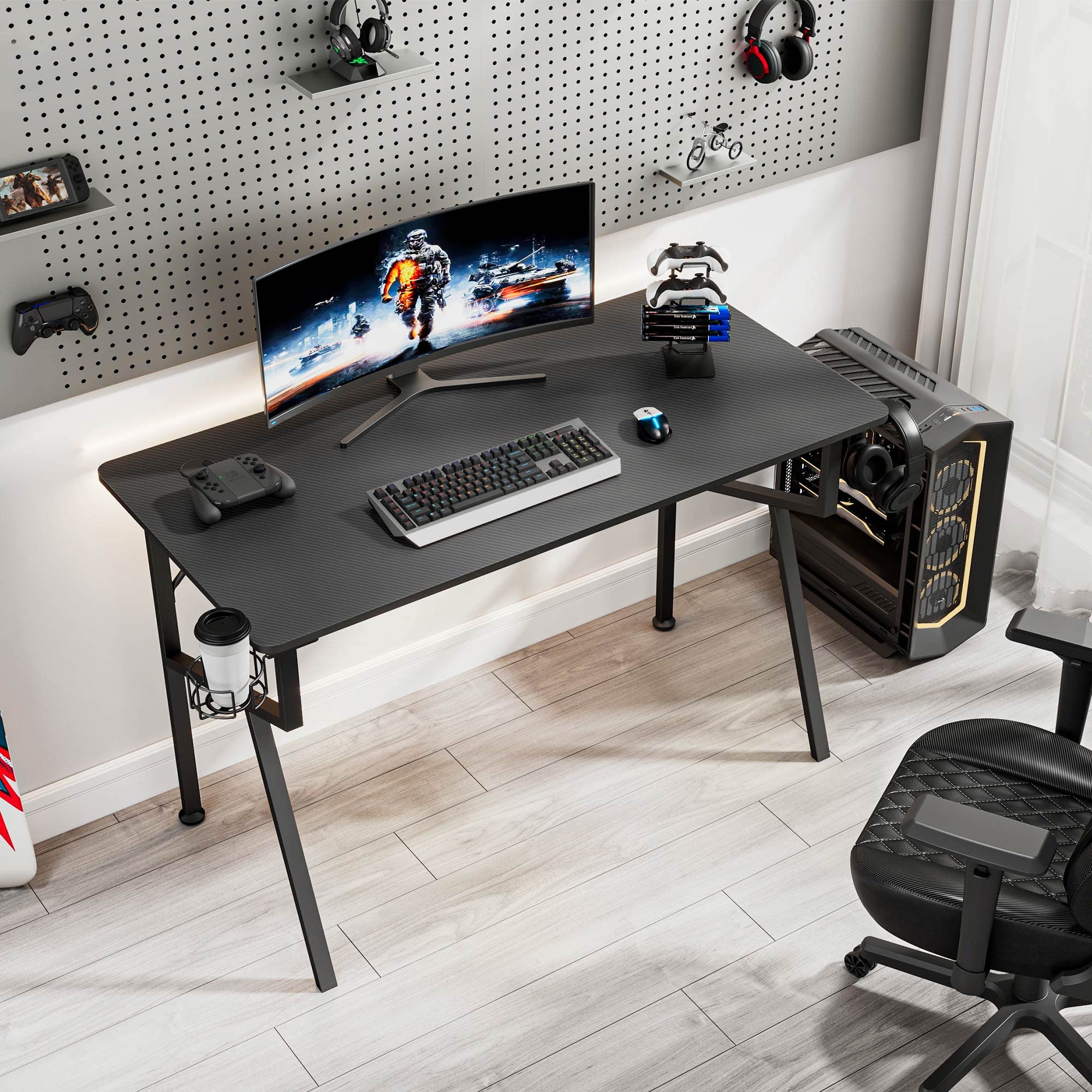 47 Inch K-Frame Gaming Desk - Ergonomic Computer Desk for Home Office & Professional Gamers with Cup Holder, Headphone Hook & Controller Stand | Includes Free Mousepad | Perfect for PC Gaming, Streaming & Remote Work (Black)
