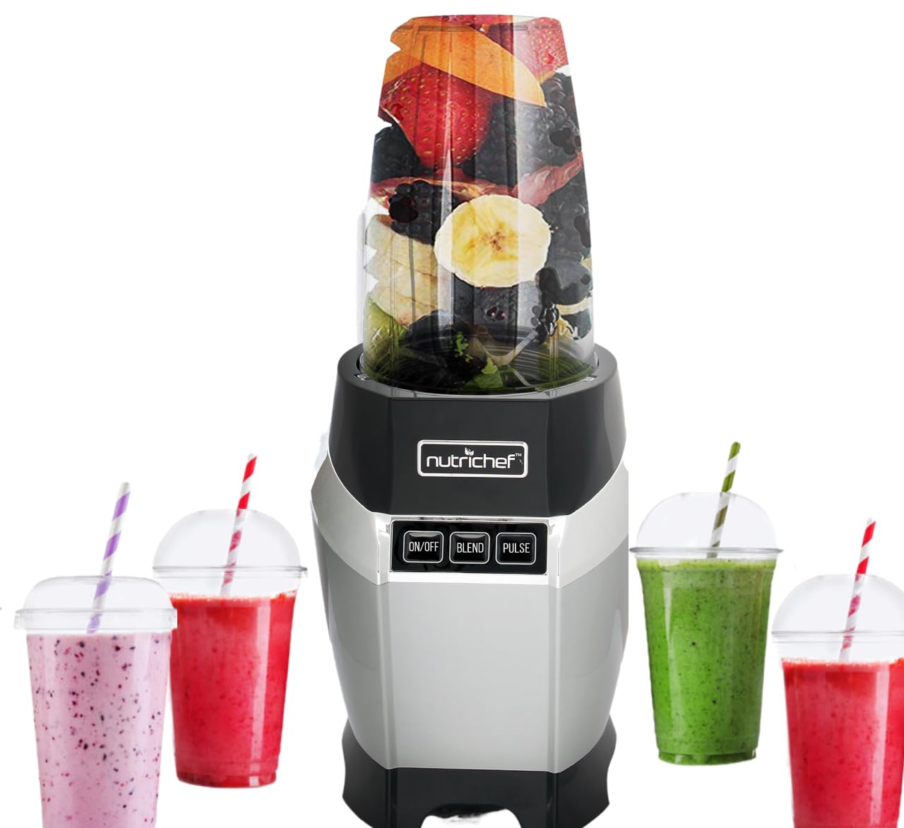 NutriChef NCBL1000.5 Personal Electric Blender - 20 & 24 Oz Portable Single Serve Mini Blender for Smoothies, Shakes & Protein Drinks | Pulse Function, Leak-Proof Lid | Compact Countertop Blender for Kitchen, Office & Travel