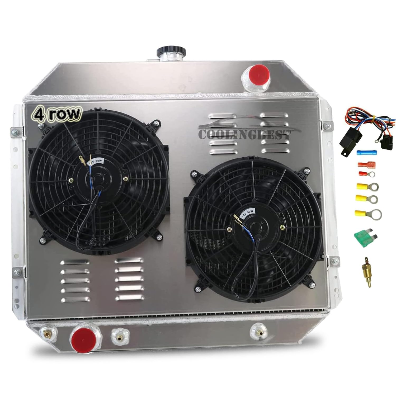 Ford F100 F150 F250 F350 Bronco Truck V8 1966-1979 4-Row Aluminum Radiator with Electric Fan Shroud & Thermostat Kit - Heavy Duty Cooling Replacement for Off-Road, Towing & Hot Climate Driving