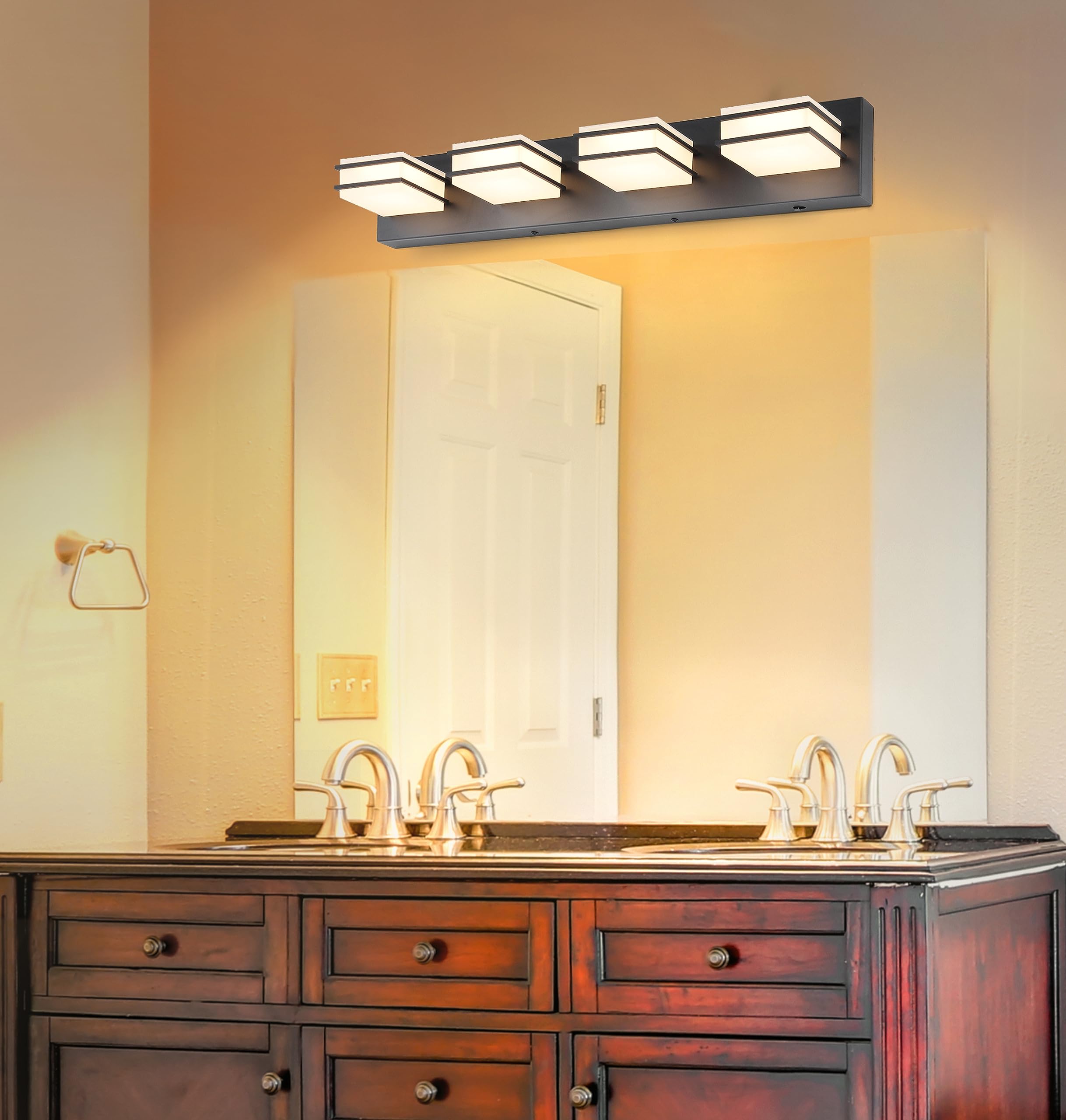 3-Color Temperature Dimmable LED Bathroom Vanity Light Fixture - Black 4-Light Over Mirror Lighting with Acrylic Stainless Steel Square Shade - ETL Certified for Bathroom, Bedroom & Dressing Room Makeup Area