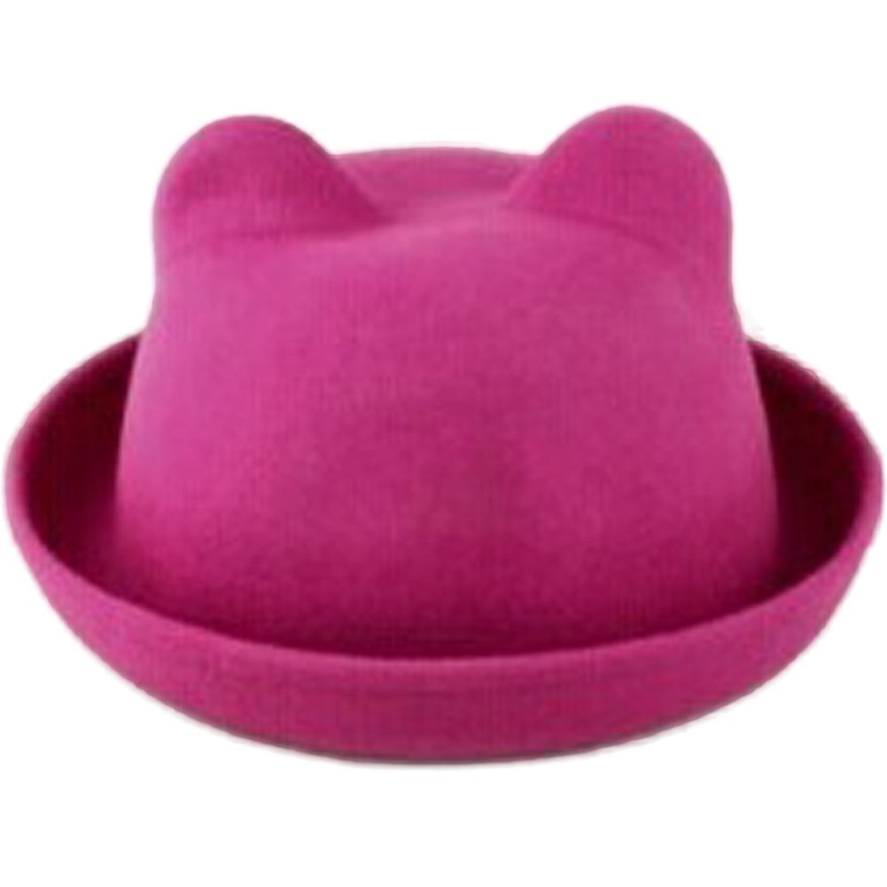 Women's Stylish Candy Color Wool Roll-Up Bowler Derby Cap with Cat Ears - Fashionable Winter Hat for Outdoor Activities, Parties & Cosplay