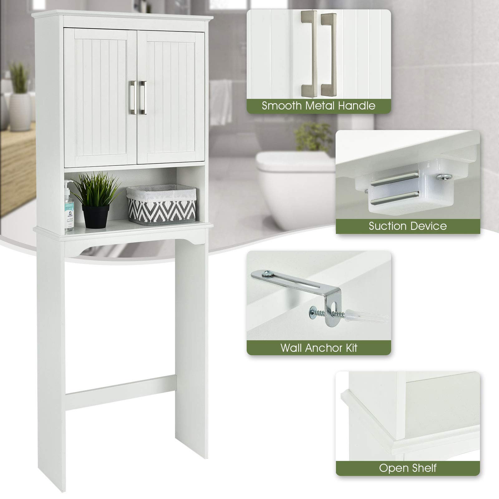 Over The Toilet Storage Cabinet - White Bathroom Organizer with Adjustable Shelves & Double Doors (25