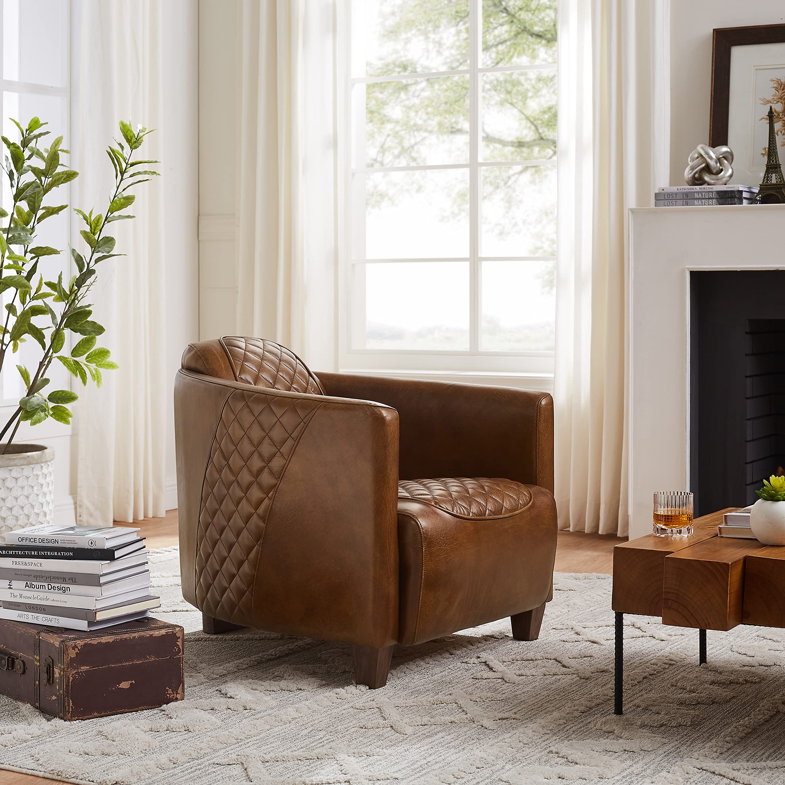 Zouron Genuine Leather Mid-Century Modern Accent Chair - Barrel Style Upholstered Living Room Sofa with Wooden Legs - Single Seater for Bedroom, Home Office & Lounge Areas - Cognac Brown (1 Piece) - Perfect for Reading Nooks, Cozy Corners & Contemporary Decor