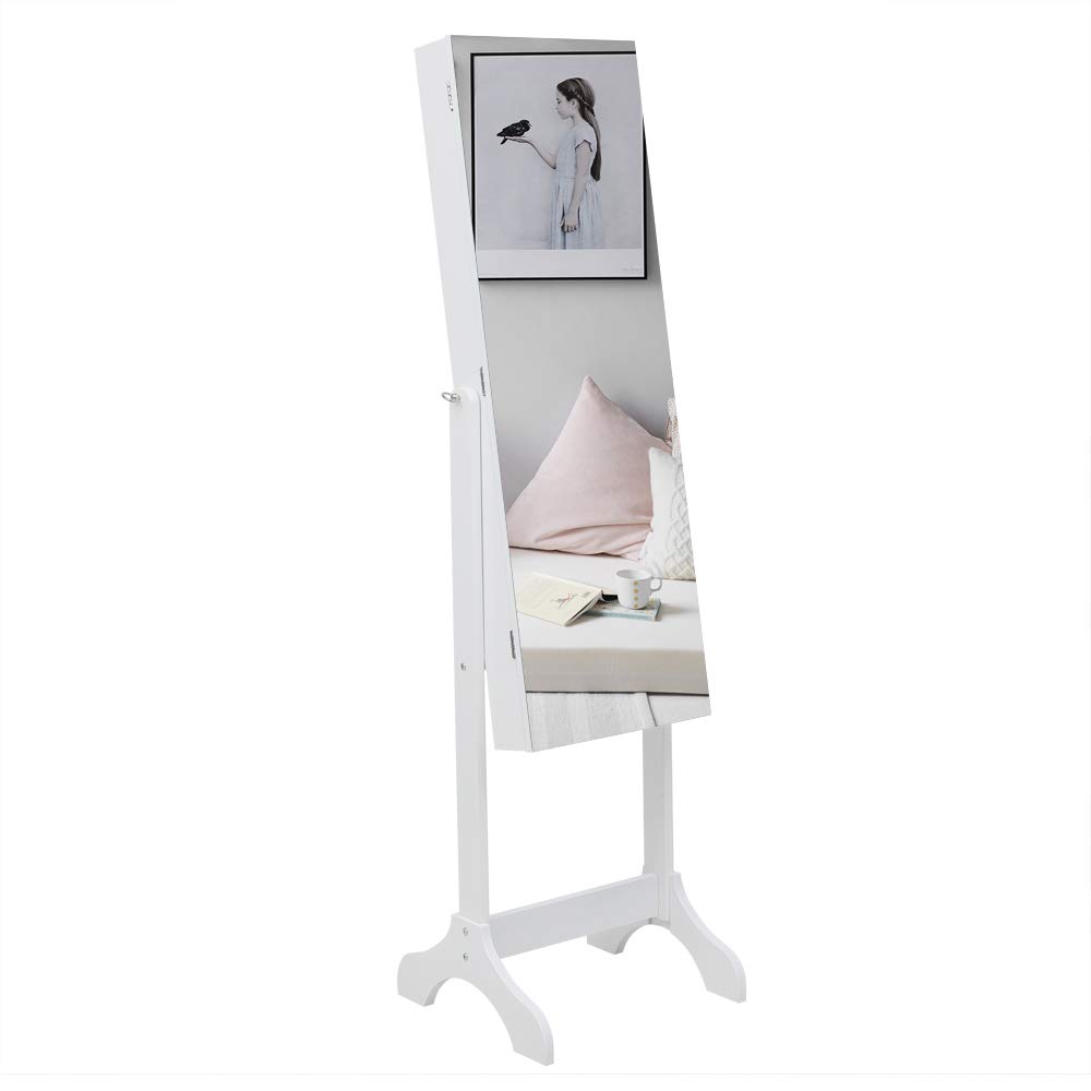 Lockable Jewelry Armoire Cabinet with Full Mirror - White Wooden Floor Standing Jewelry Storage with 2 Drawers - Perfect for Bedroom, Closet & Dressing Room Organization