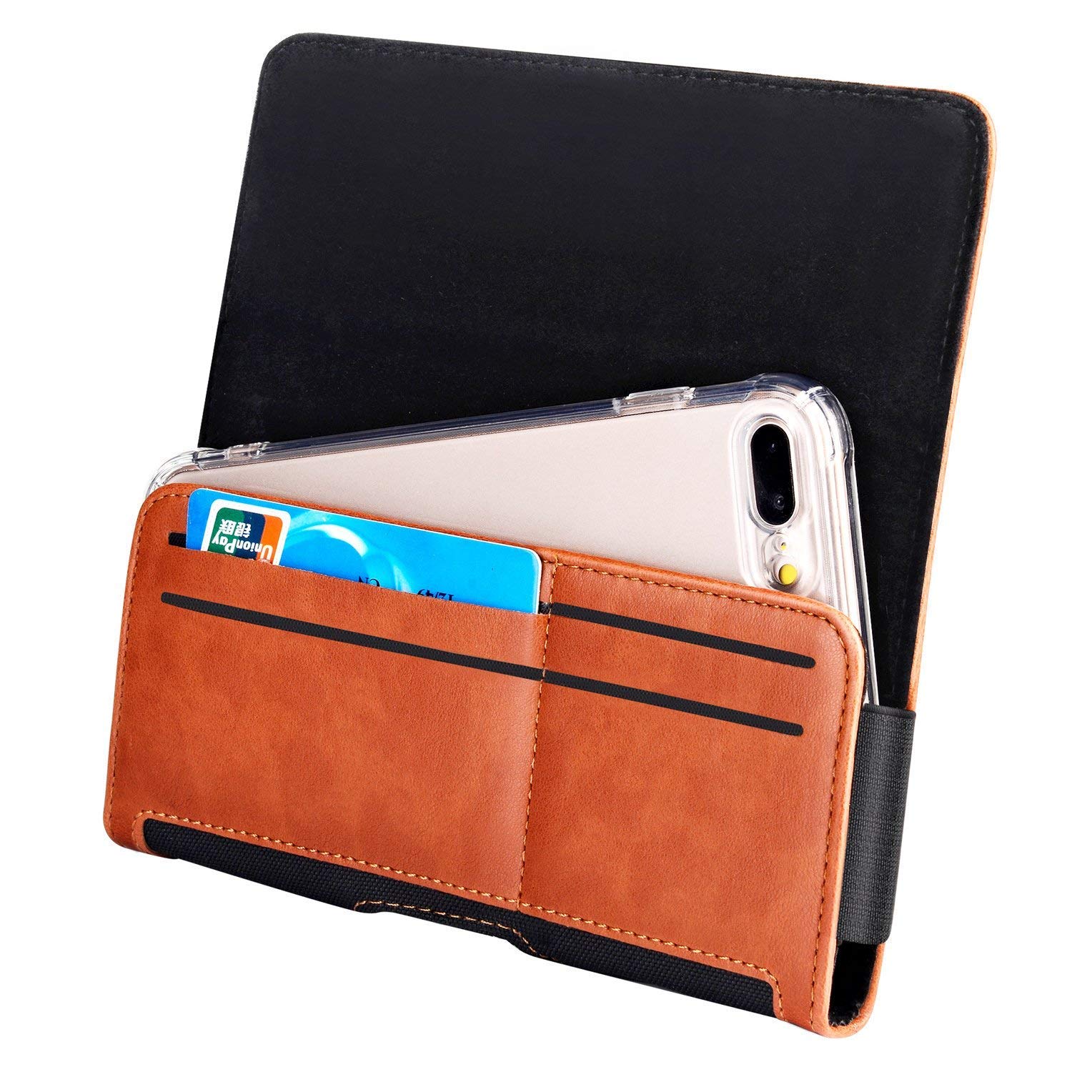 Gcepls iPhone XS MAX/XR/8 Plus/7 Plus Holster Pouch with Belt Clip & Card Slot - Compatible with Galaxy S9 Plus (Fits Thin Cases) - Black/Brown - Perfect for Outdoor Activities, Work & Travel