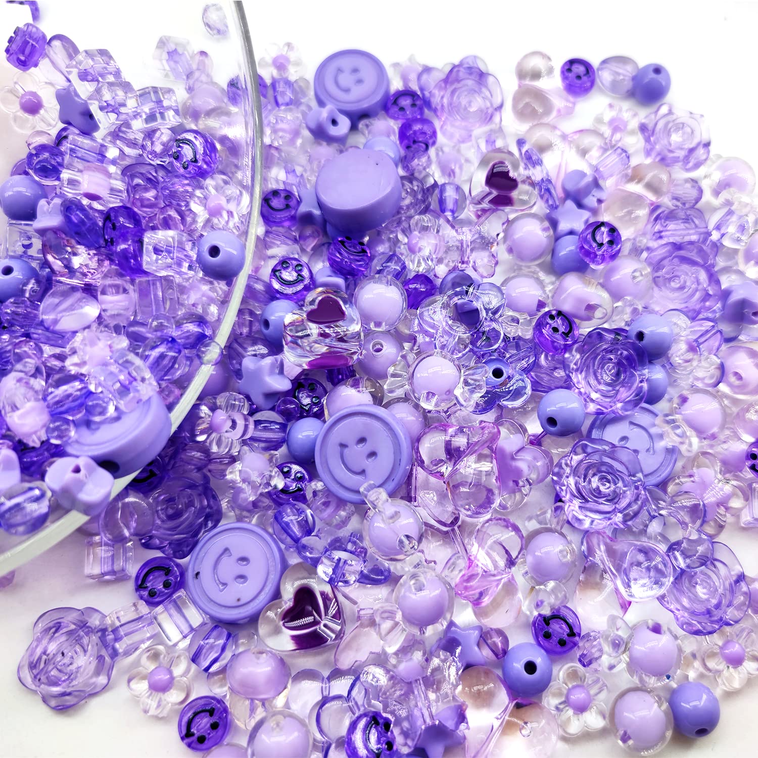 450Pcs Pastel Purple Acrylic Beads Assortment - Flower, Heart, Star, Smile, Butterfly & Mickey Shapes for DIY Jewelry Making, Bracelets, Necklaces - Bulk Craft Beads for Kids & Adults, Perfect for Gift Wrapping & Party Favors