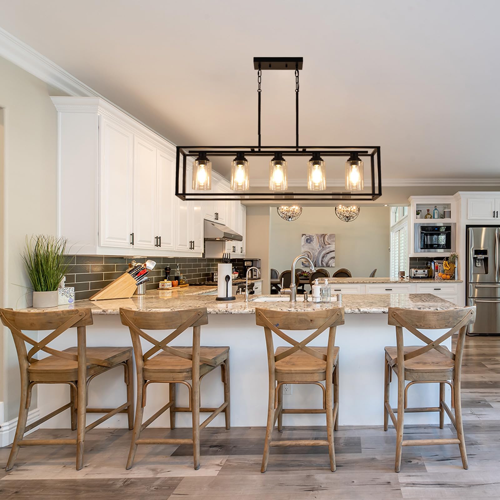 Black Farmhouse 5-Light Chandelier with Clear Glass - Kitchen Island Lighting & Dining Room Ceiling Fixture - Perfect for Farmhouse, Rustic, and Modern Dining Areas