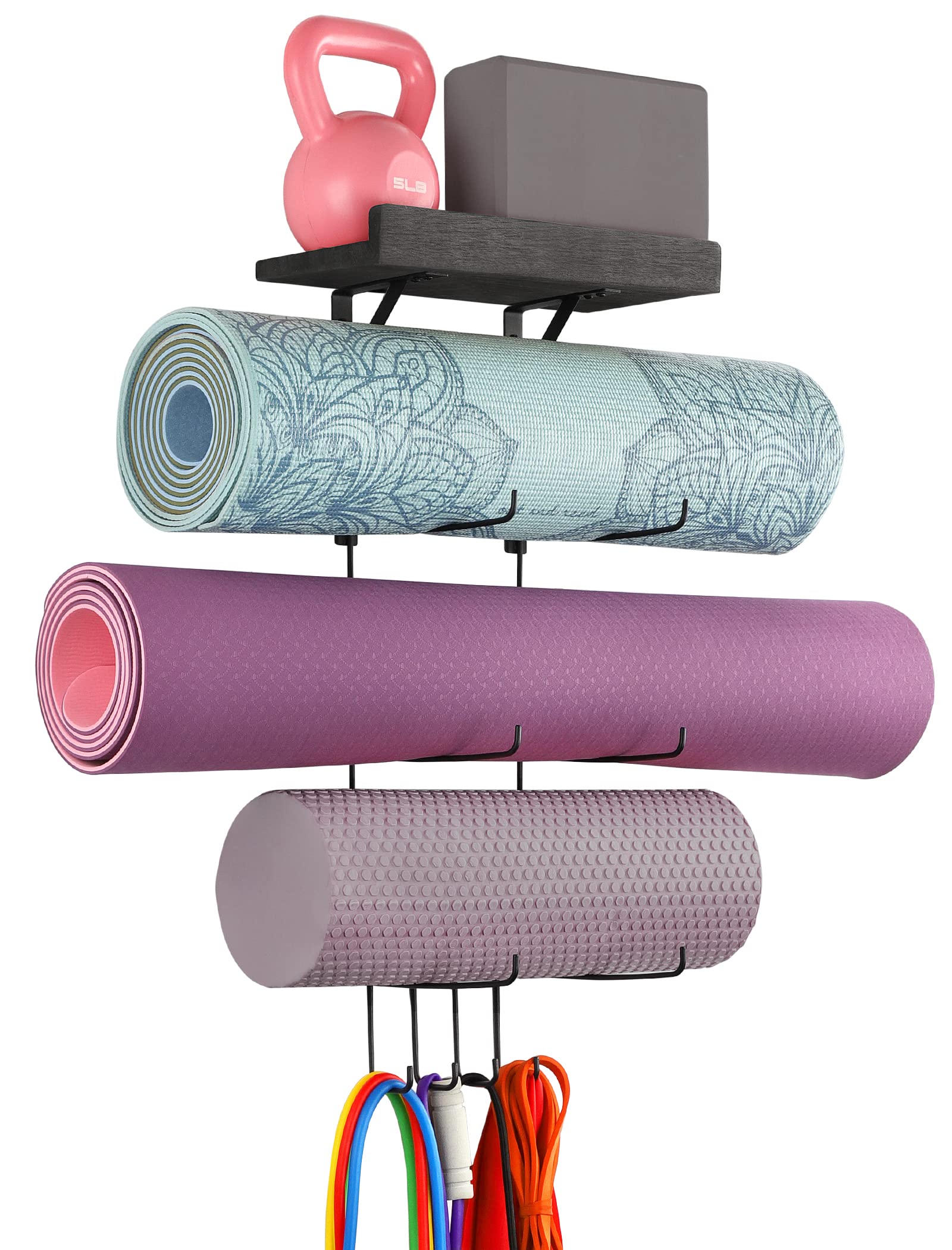 VINAEMO Yoga Mat Holder Wall Mount Organizer - 4 Hooks & Wooden Shelves for Yoga Mats, Foam Rollers, Towels & Resistance Bands | Space-Saving Storage Solution for Home Gym, Yoga Studio, School & Office