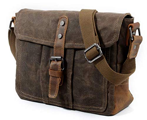 Men's Vintage Waxed Canvas Leather Messenger Bag - 10 Inch Waterproof Crossbody Shoulder Bag for Work, Travel & Everyday Use