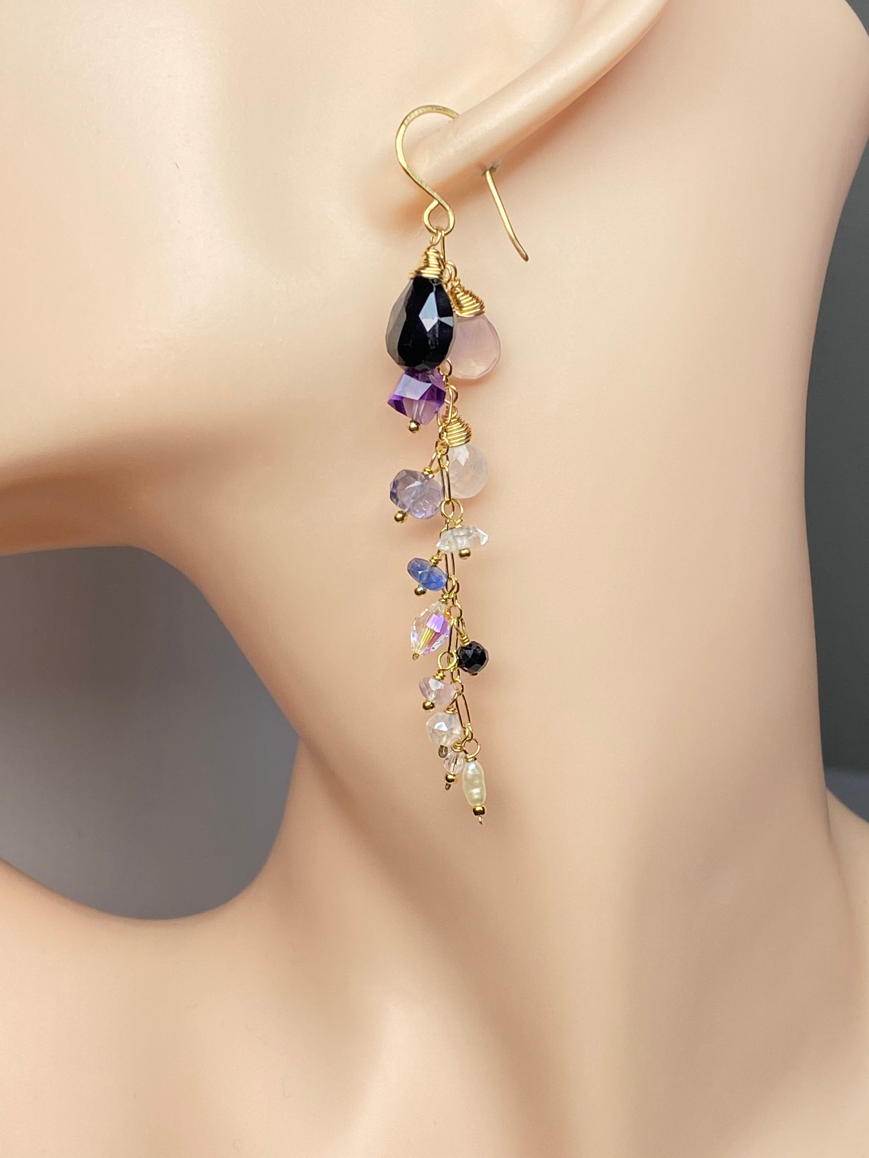 Amethyst Scorolite Black Spinel Long Dangle Earrings - Elegant Bohemian Statement Jewelry for Women | Perfect for Parties, Weddings & Special Occasions