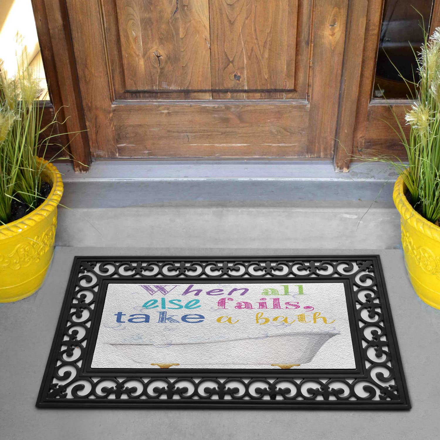 Ambesonne Tennis Doormat - Funny 'When All Fails Take a Bath' Bubble Tub Design - Non-Slip Entryway Welcome Mat for Front Door & Backyard - 17.3x29.3 Inch - Pale Green, Brown & White - Perfect for Tennis Lovers' Homes & Spa-Themed Decor