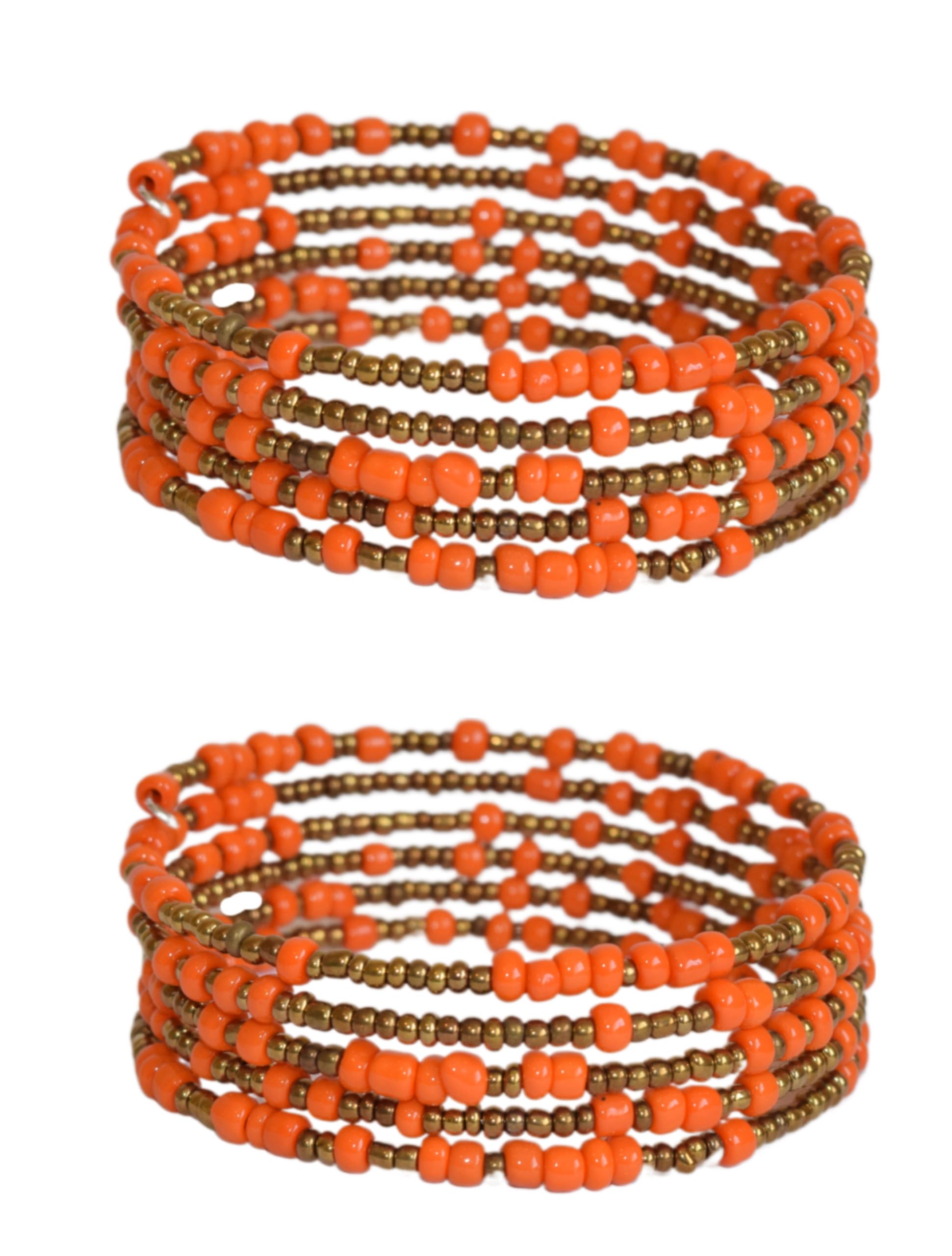 Handmade African Beaded Bracelets - Set of 2 Orange Wrap Bracelets with 5 Loops Each (10 Total) - Tembo Crafts KB73 - Perfect for Boho Fashion, Festival Accessories & Gift Giving