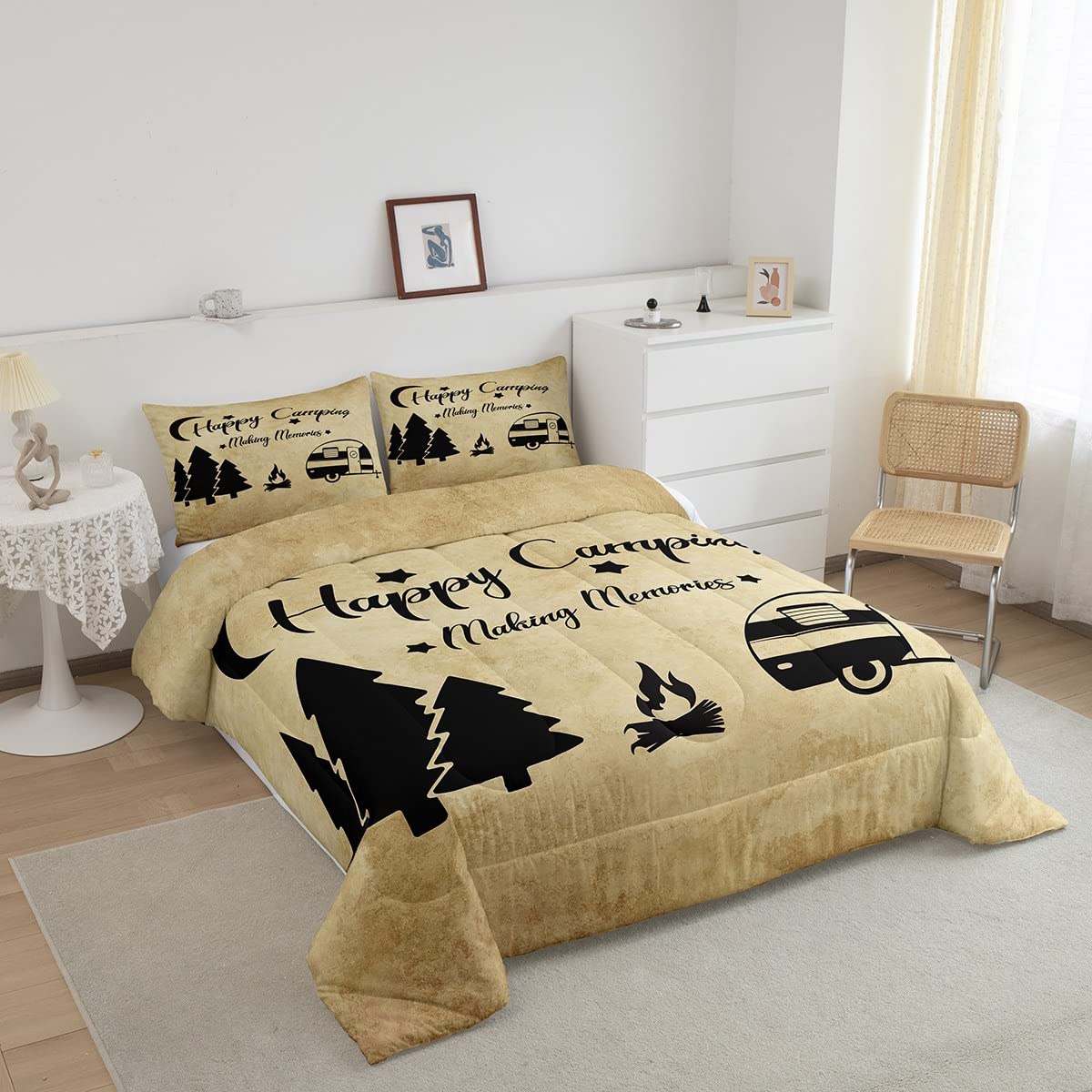 2-Piece Twin Size Camper Bedding Set for Boys, Kids, Teens & Adults - Rustic Farmhouse Style Duvet Cover with Old Barn Door Black Sketch Design - Perfect for Camping Trips, RV Adventures & Cozy Cabin Stays