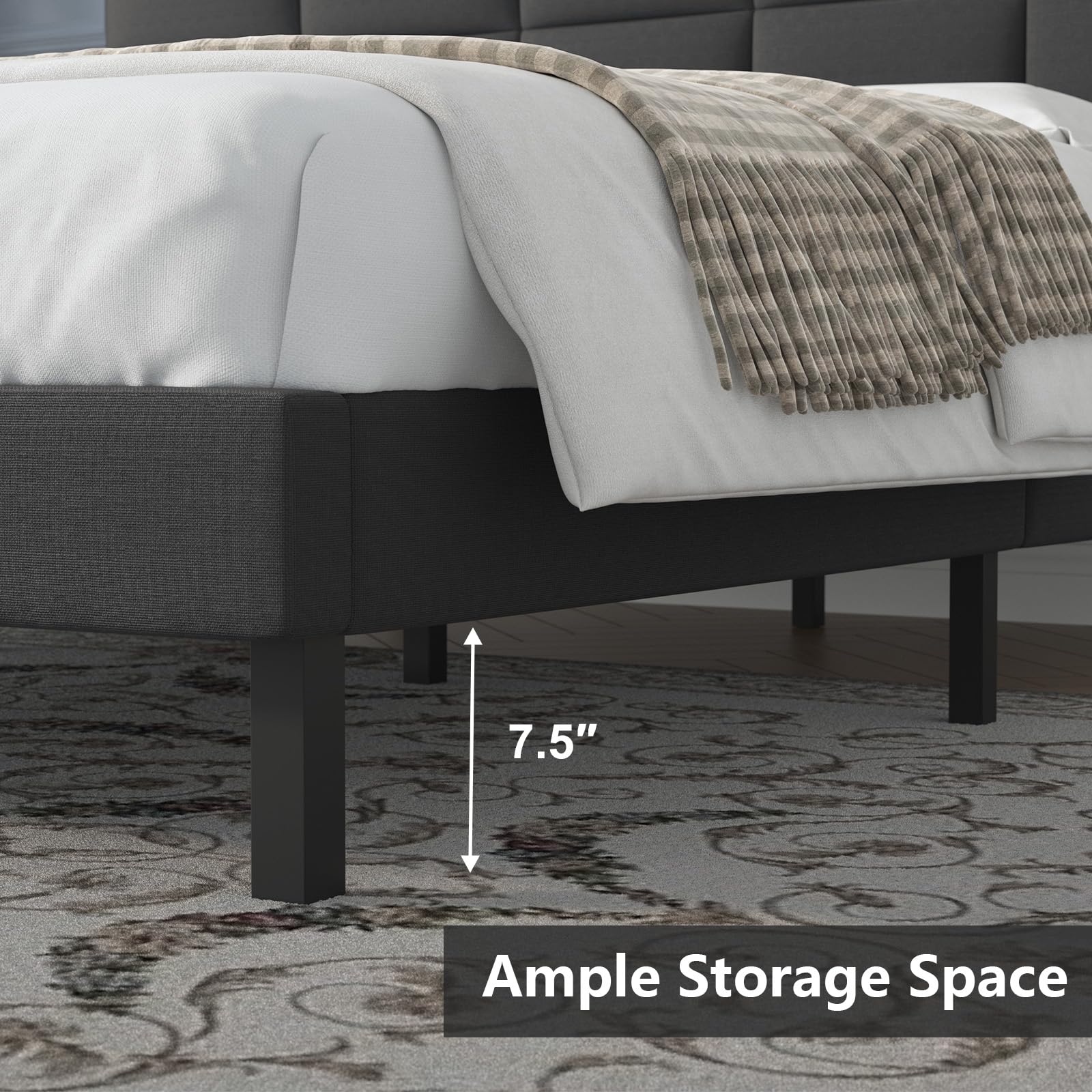 Natulliy Upholstered Queen Size Bed Frame with Headboard & Underbed Storage | Heavy Duty Steel Slat Support | Black Platform Bed | Perfect for Master Bedroom, Guest Room & Small Spaces