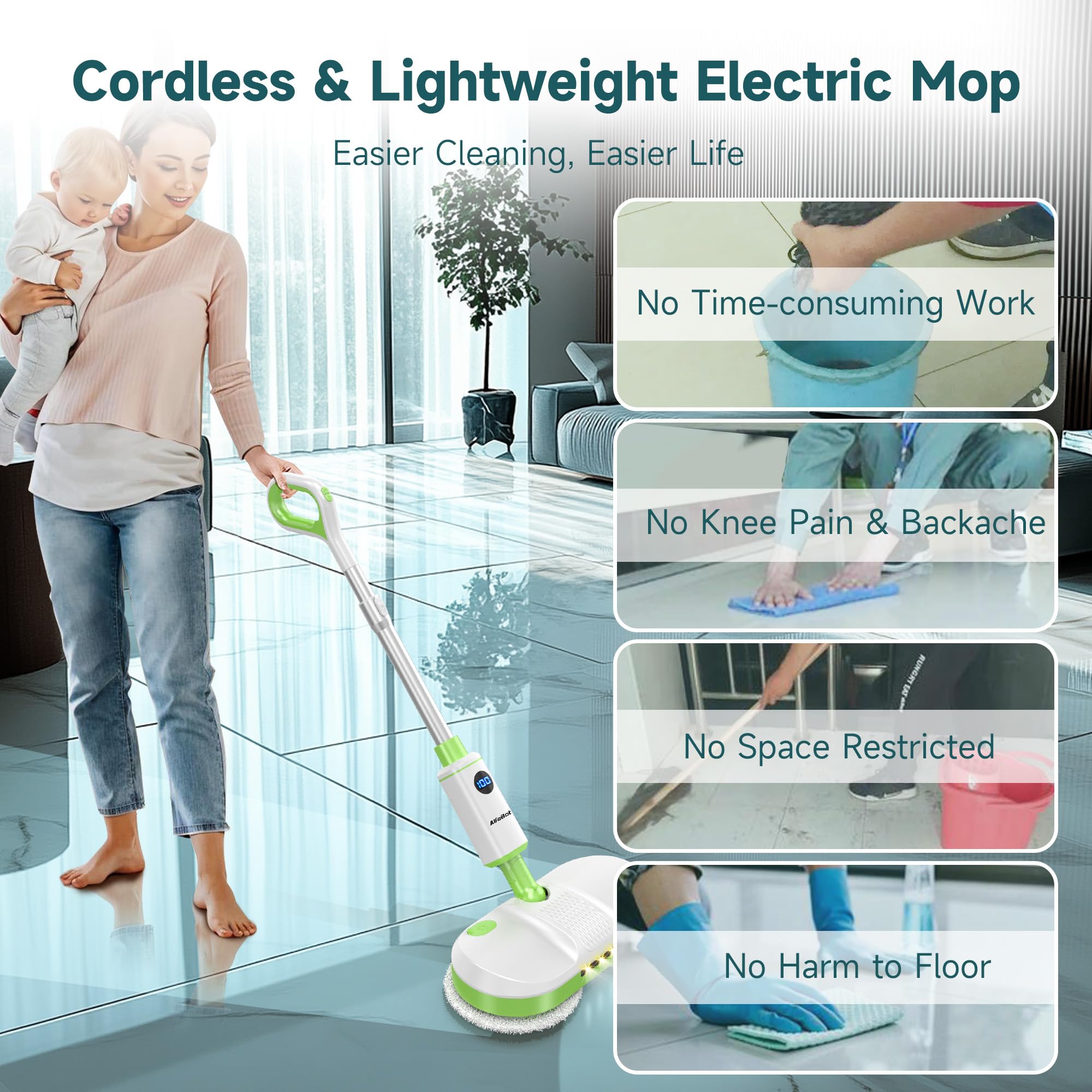 AlfaBot Cordless Electric Spin Mop for Hardwood Floors & Tile - Self-Propelled with LED Headlight, Water Spray & Large 2700 sq ft Capacity - Rechargeable Wet Dry Mop for Home, Kitchen & Pet Hair Cleaning