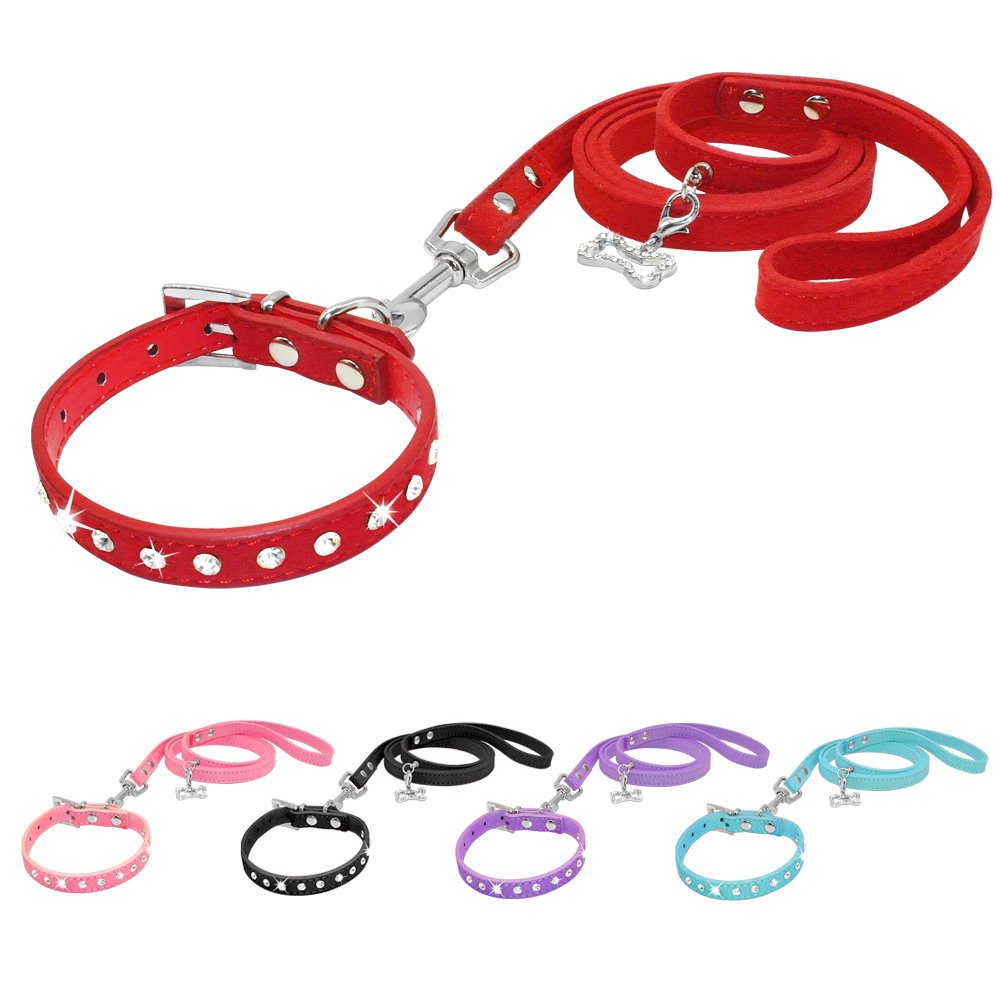 Sparkling Rhinestone Studded Leather Dog Collar & Leash Set - Red, XS (10