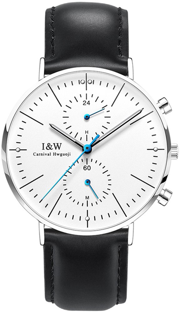 Men's Ultra Slim 5-Pin 2 Time Zones Sub Dials Sapphire Crystal Luminous Calfskin Strap Waterproof Quartz Watch - Perfect for Business, Travel & Formal Occasions