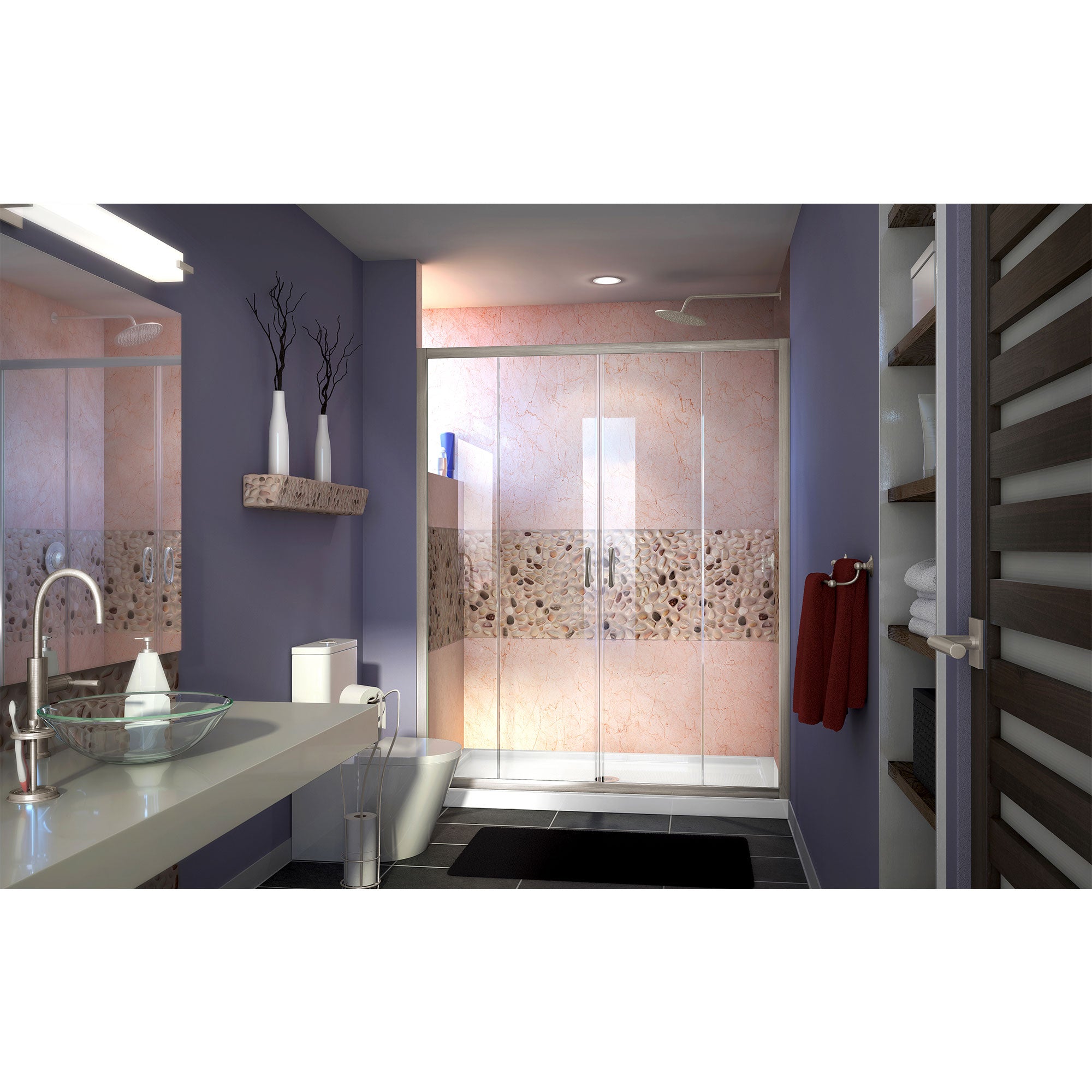 DreamLine Visions 30x60x74.75 Inch Brushed Nickel Sliding Shower Door with Right Drain & White Shower Base - Frameless Glass Enclosure for Modern Bathroom Renovation