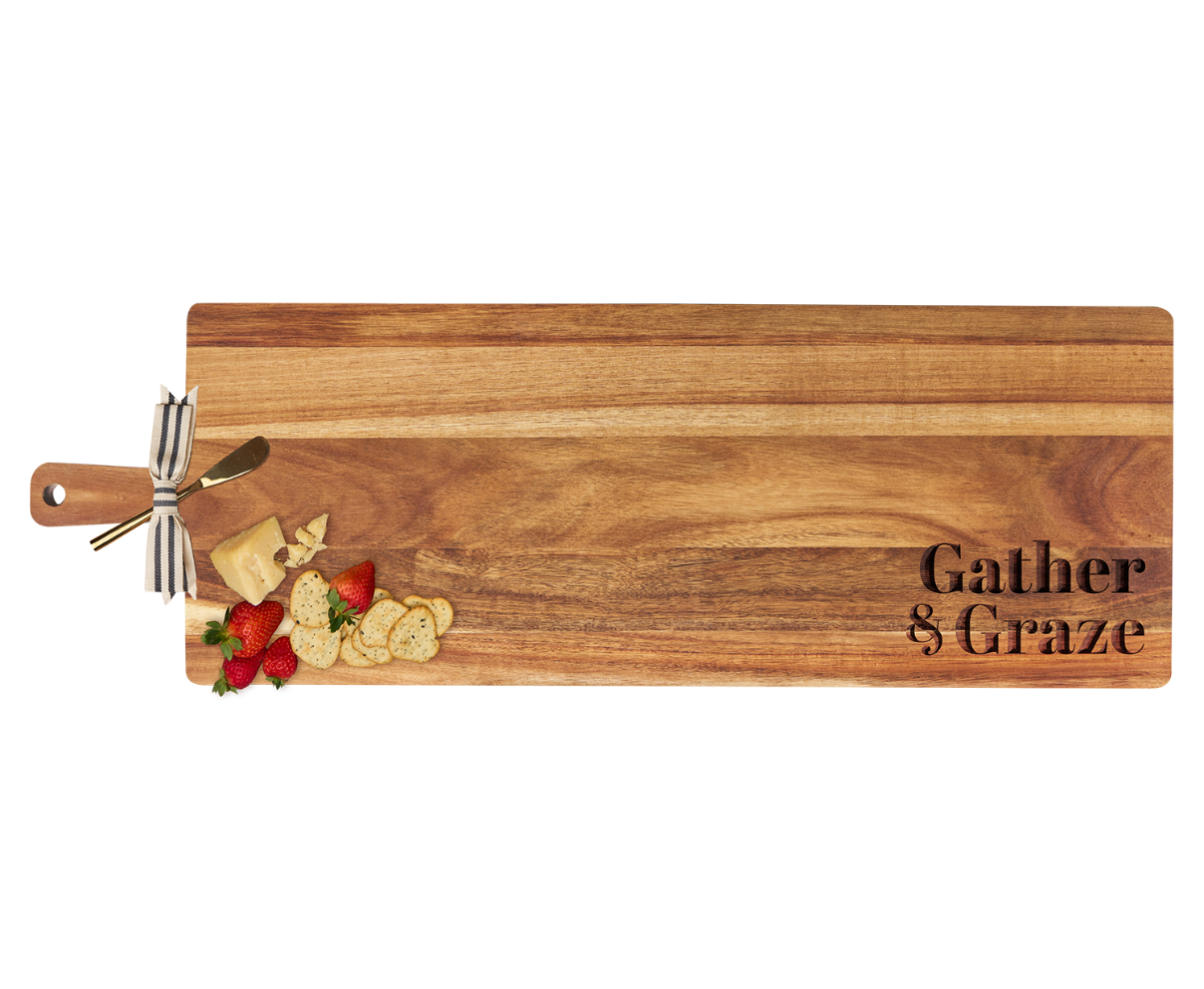 35 x 12 Inch Acacia Wood Charcuterie Board with Thick Handle & Gold Cheese Spreader - Perfect for Entertaining, Cheese Platters, Charcuterie & Party Serving