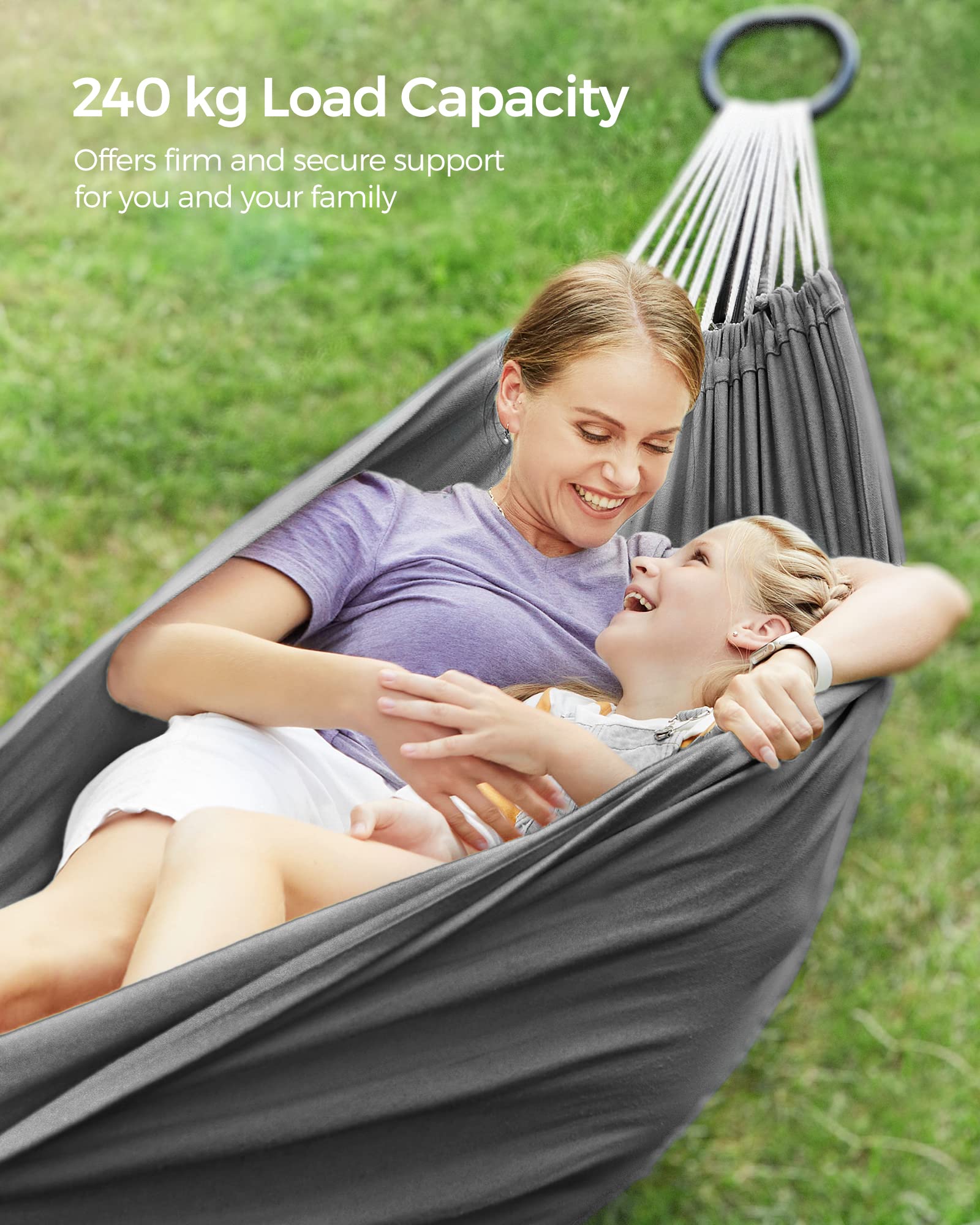 SONGMICS Double Hammock with Stand - 82.7 x 59.1 Inches Heavy Duty 529 lb Capacity Portable Hammock for Outdoor Camping, Backyard, Garden, Patio, Beach - Black & Gray UGHS001G01 | Perfect for Relaxation, Lounging and Summer Vacation Getaways