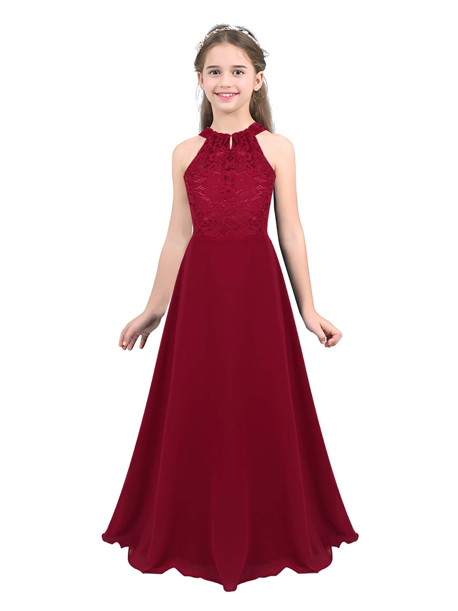 Girls Lace Flower Girl Dress - Sleeveless Halter Floral Wedding Bridesmaid Gown for Pageant, Ball & Special Occasions | Perfect for Weddings, Parties & Formal Events