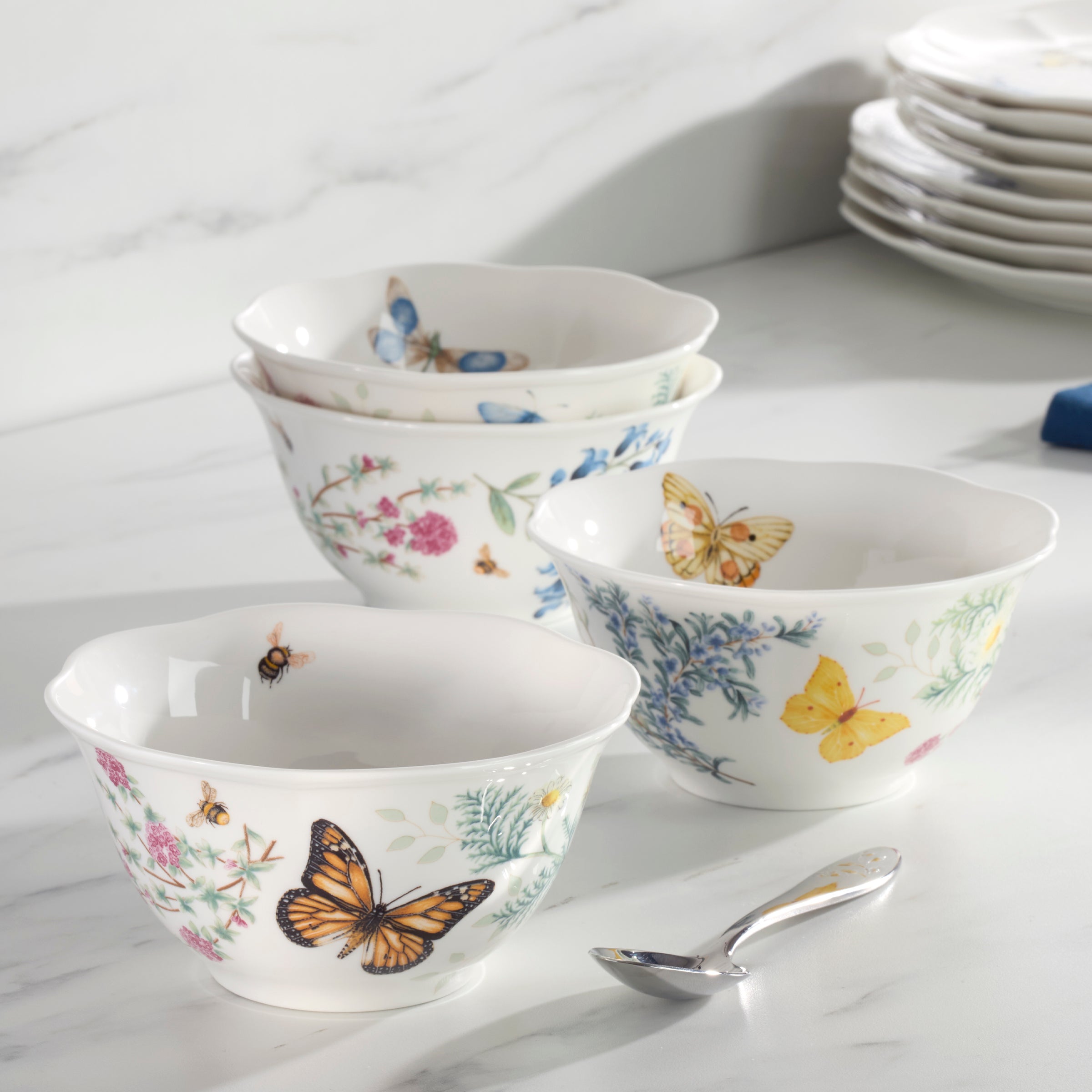 Butterfly Meadow Herbs Rice Bowls Set of 4 - Premium Ceramic Dinnerware for Asian Cuisine, Perfect for Sushi, Bibimbap & Home Dining