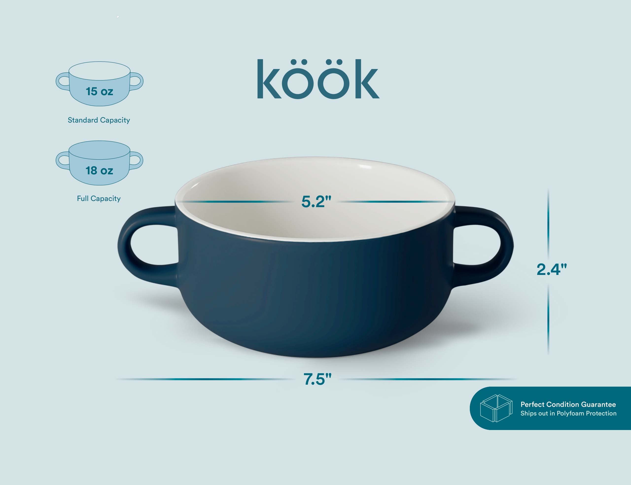 Kook Soup Crocks Set of 4 - 18oz Ceramic Bowls with Handles, Oven, Broiler, Microwave & Dishwasher Safe - Perfect for Casseroles, Pasta, Cereal - Ideal for Family Dinners, Meal Prep & Entertaining (Navy Blue)