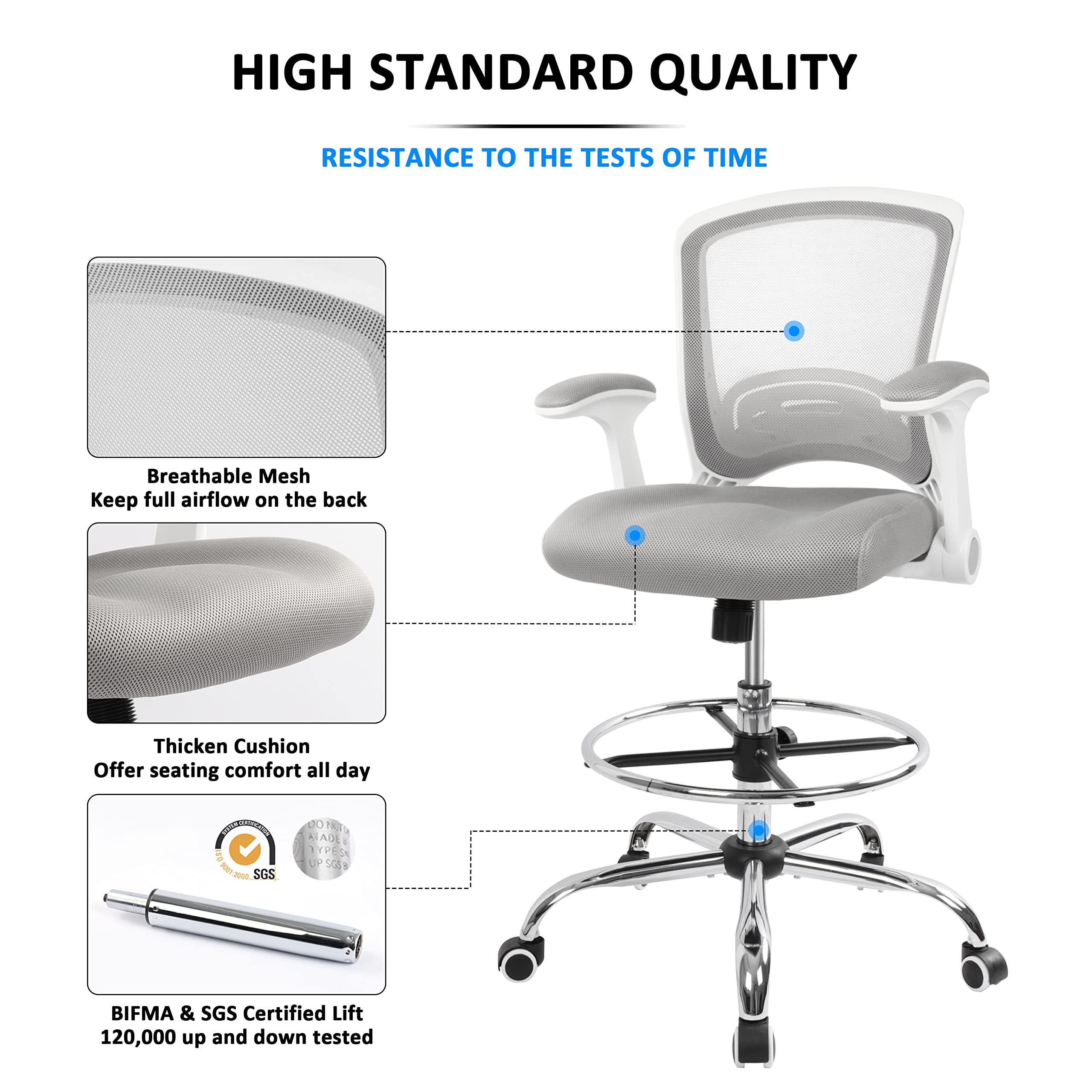 Ergonomic Adjustable Drafting Chair for Standing Desks - Tall Office Stool with Flip-Up Arms & Foot Ring - Grey - Perfect for Home Office, Gaming, and Counter Height Workspaces