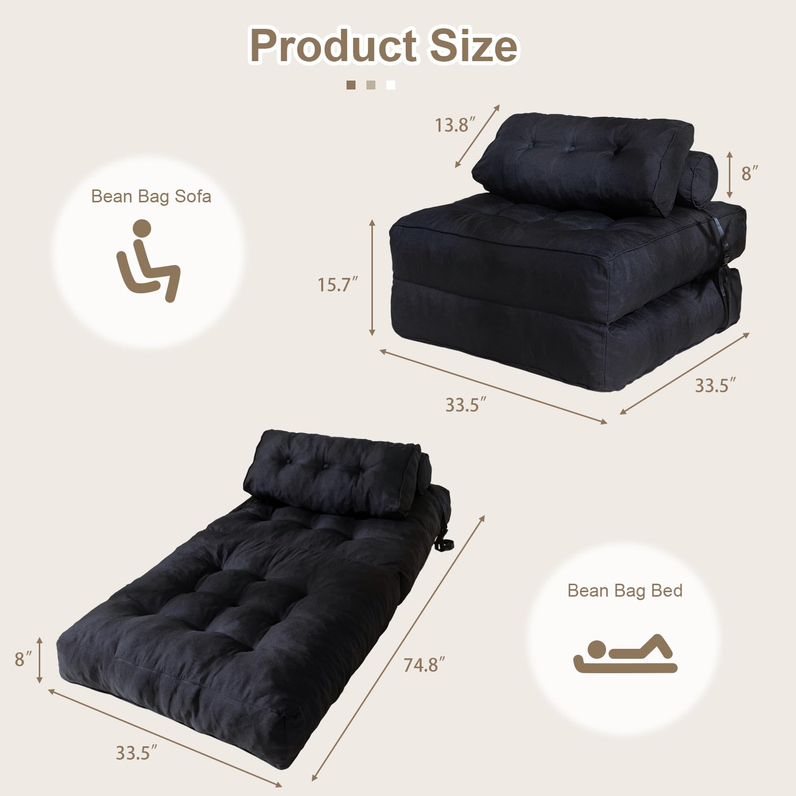 MAXYOYO Folding Couch Sofa Bed - Convertible Sleeper Chair with Back Support & Pillow, Black - Perfect for Small Spaces, Guest Rooms & Apartments