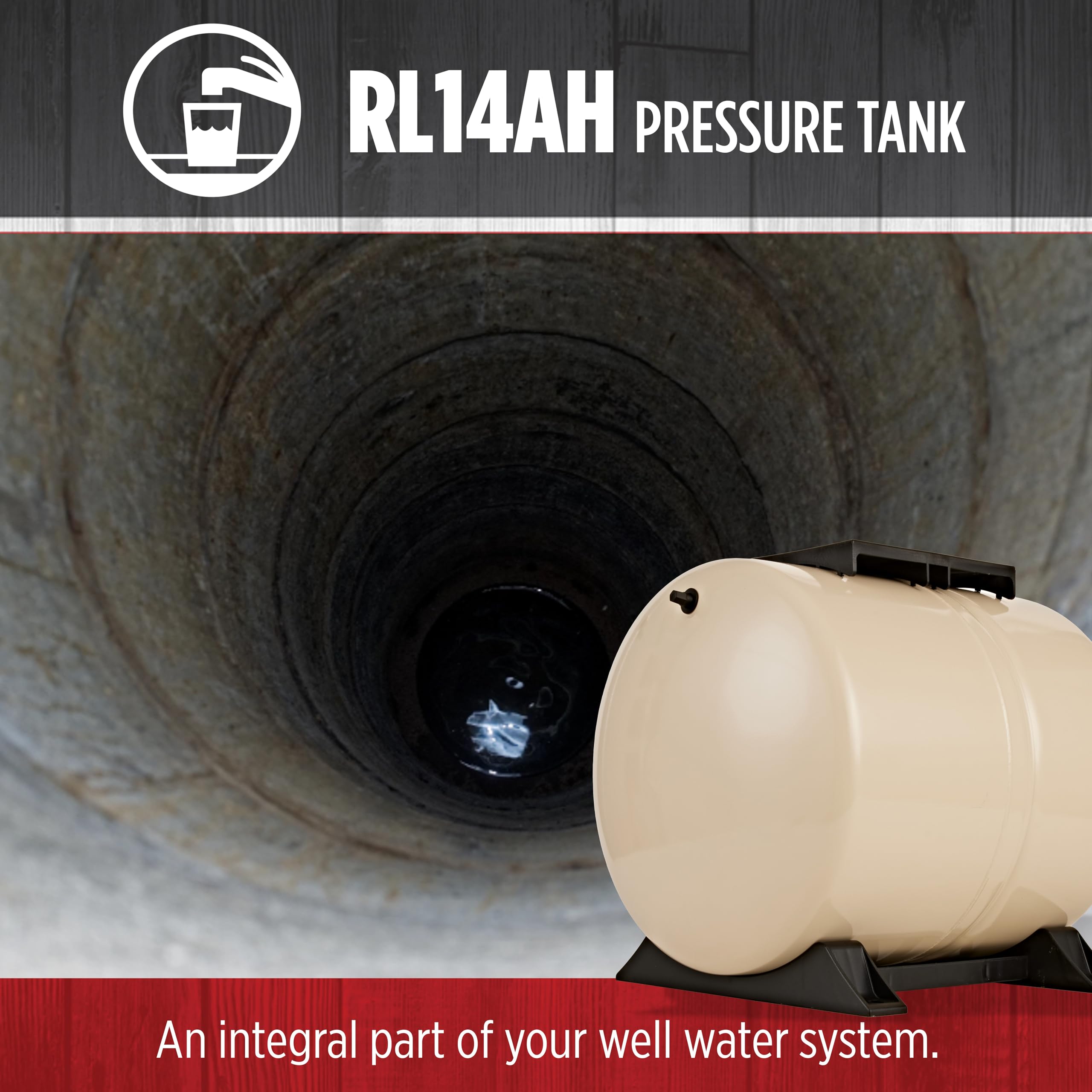 Red Lion RL14AH 14-Gallon Horizontal Pre-Charged Pressure Tank with Pump Mounting Bracket - Thermoplastic Stand for Well Pumps, 3/4-Inch MNPT Connection (Almond) - Ideal for Residential Water Systems, Irrigation & Agricultural Applications