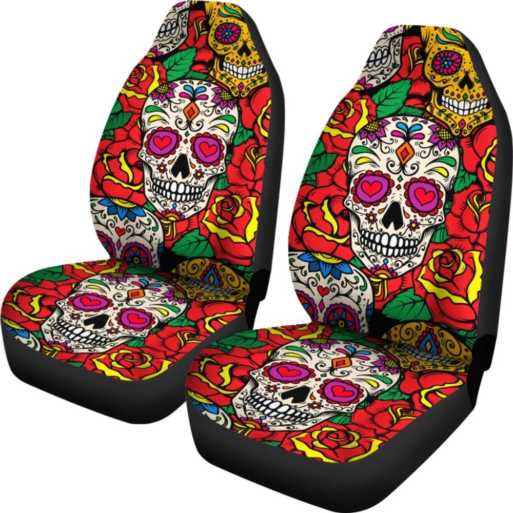 2 Pcs Floral Sugar Skull Car Seat Covers - Day of The Dead Design for Front Seats - Perfect for Halloween, Dia de Los Muertos Celebrations & Car Decorations