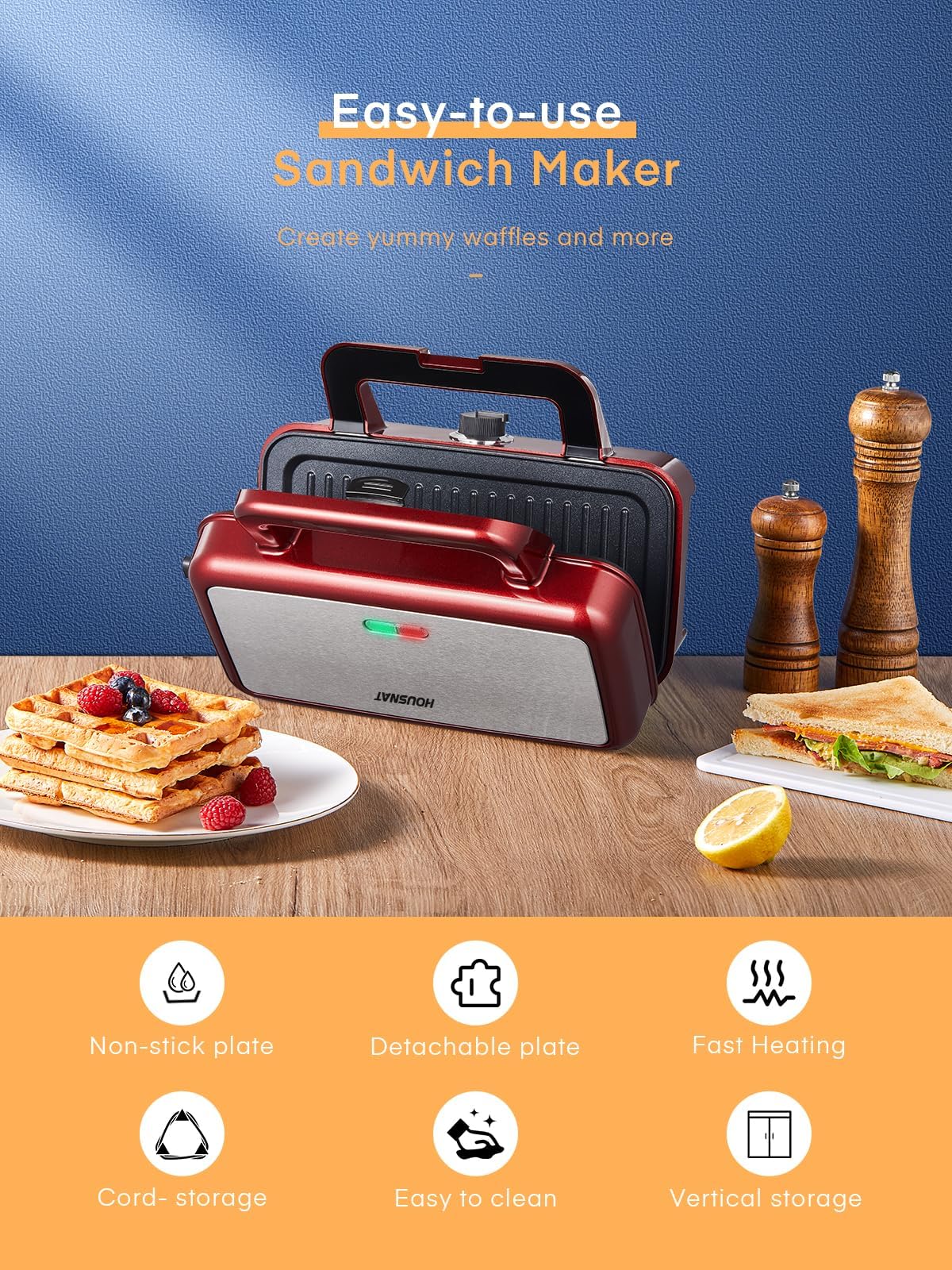 HOUSNAT 3-in-1 Sandwich Maker & Waffle Iron - 1200W Panini Press with Removable Non-Stick Plates, 5-Level Temperature Control & Indicator Lights (Red) - Perfect for Breakfast, Snacks & Family Gatherings