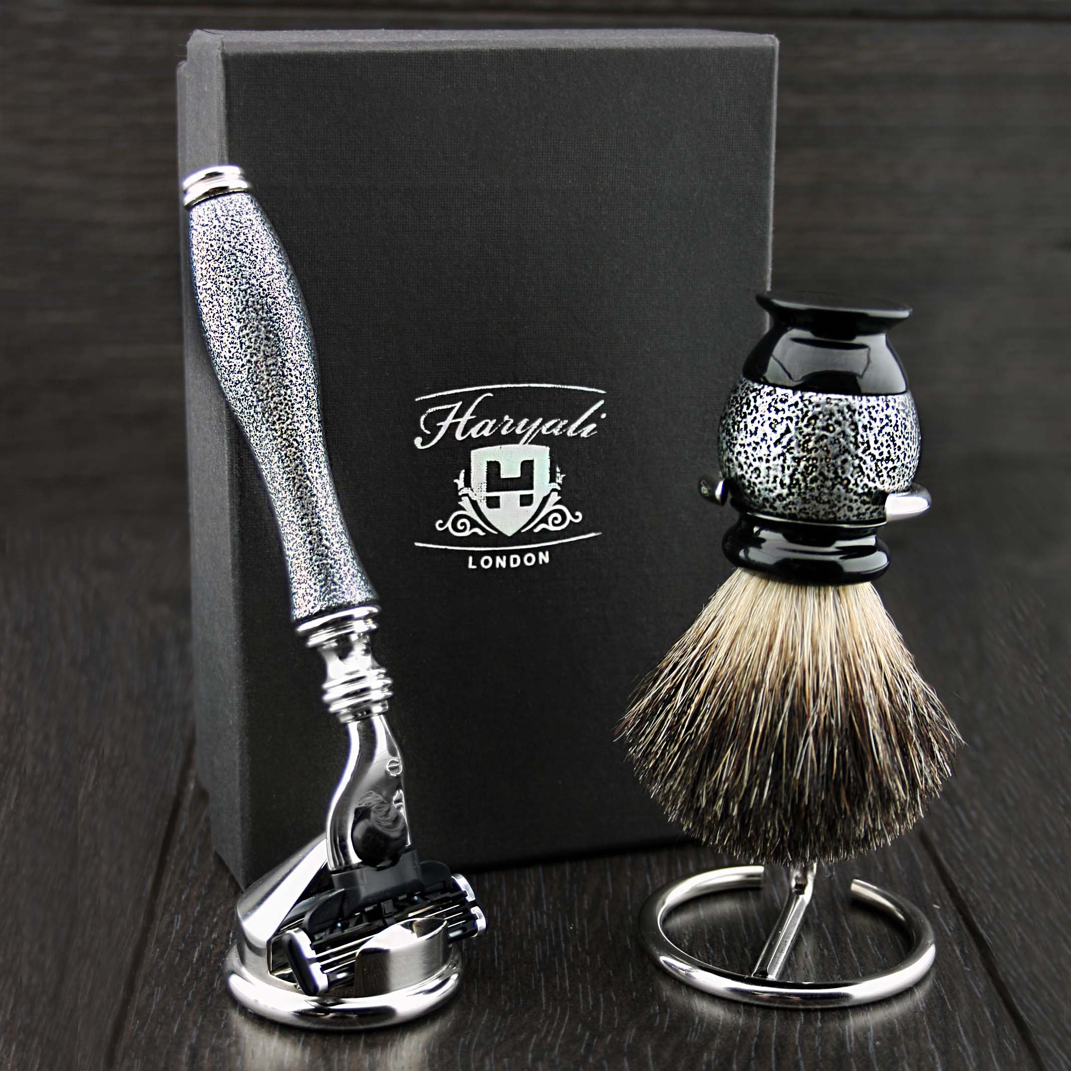 4 Piece Men's Shaving Kit with 3 Edge Razor, Black Badger Hair Shaving Brush & Stands - Premium Grooming Set for Smooth Shaving - Perfect Gift for Father's Day, Birthday & Travel Essentials