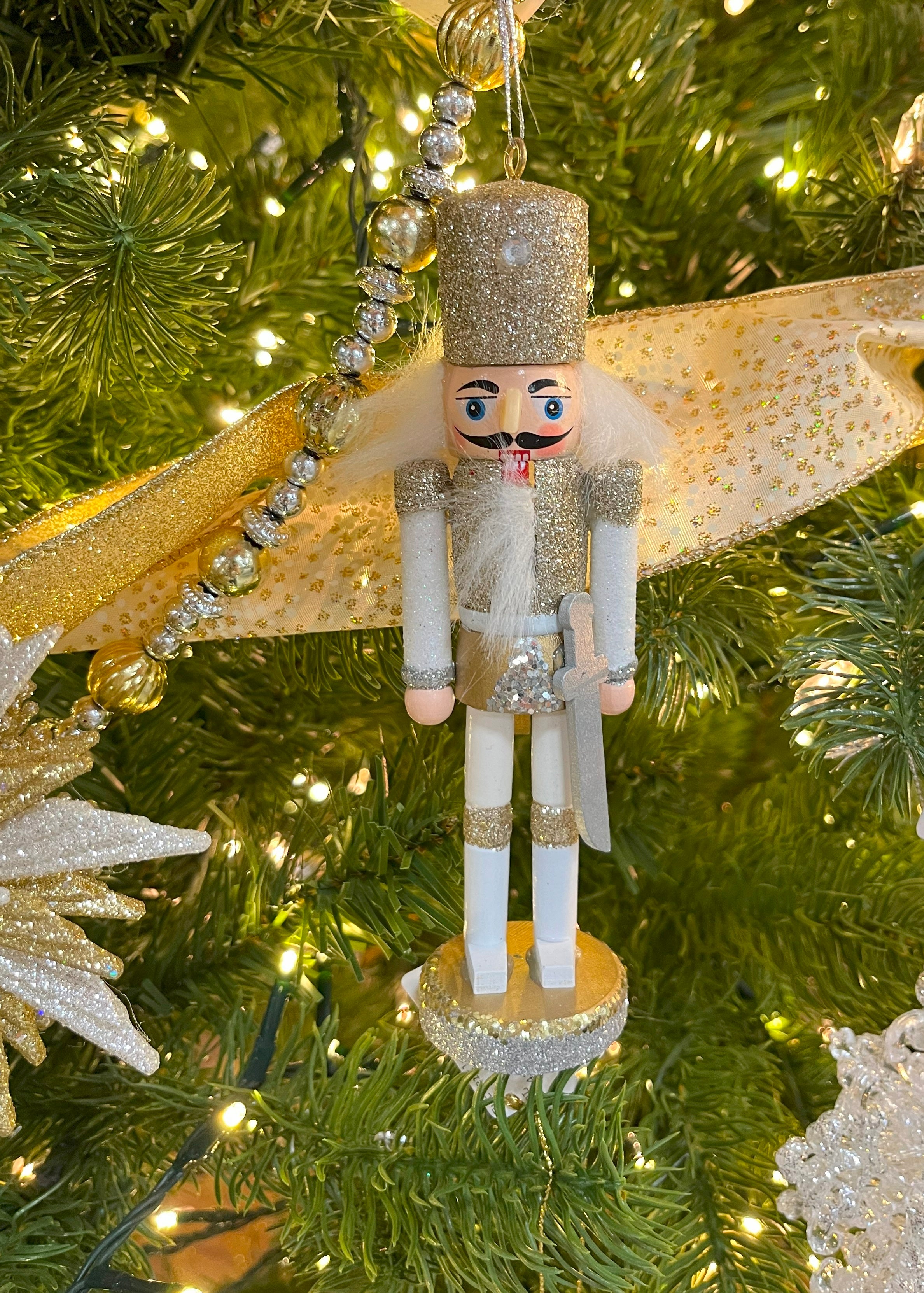 6-Piece Champagne, Silver & White Hollywood Nutcracker Ornament Set - Elegant Christmas Tree Decorations for Holiday Parties & Home Décor