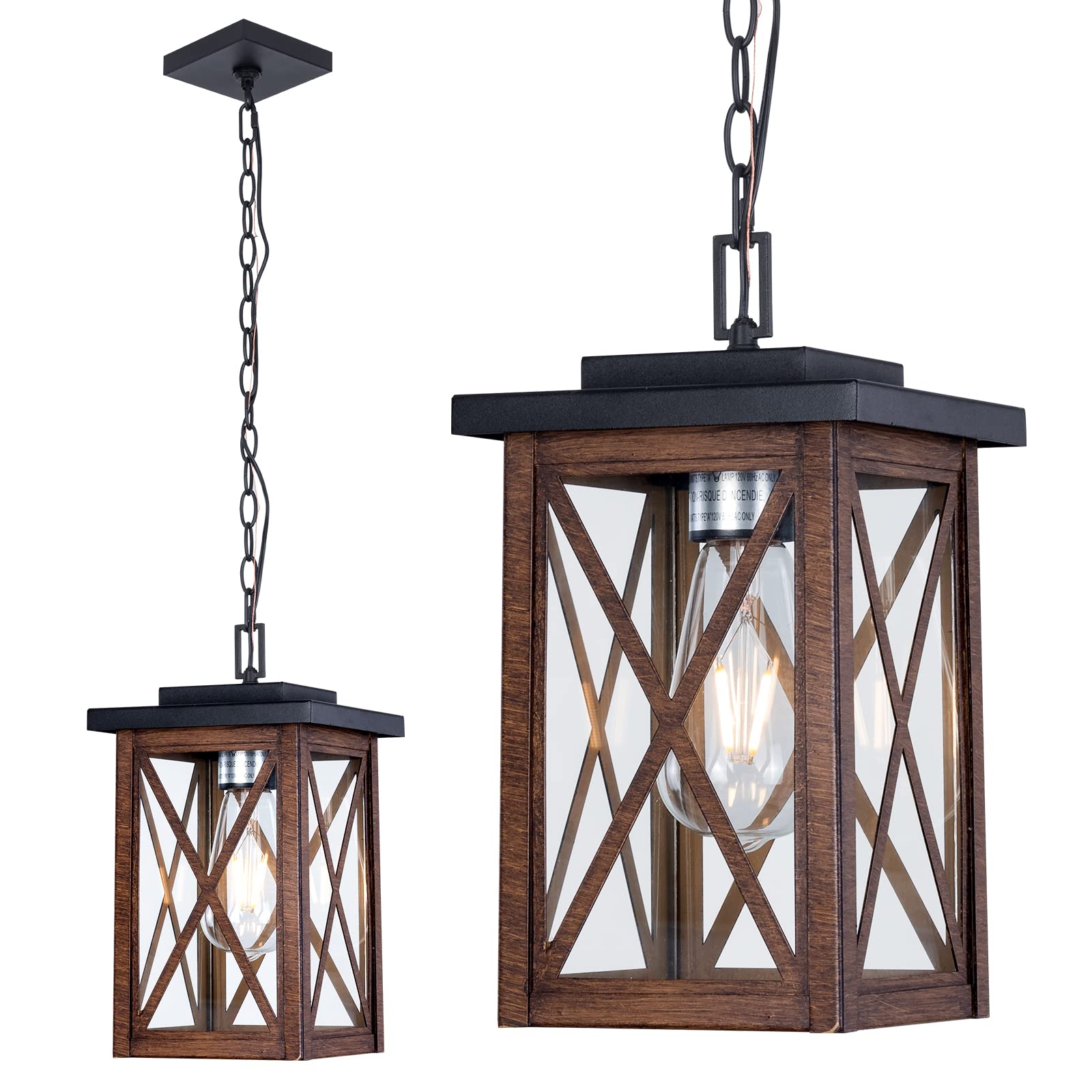 Modern Wood Grain Farmhouse Hanging Light - Adjustable Chain Ceiling Chandelier with Vintage 1-Light Design - Outdoor Pendant Lighting Fixture for Porch, Garden, Patio, Entryway & Backyard - Perfect for Cozy Evenings and Rustic Home Decor (1 Pack)