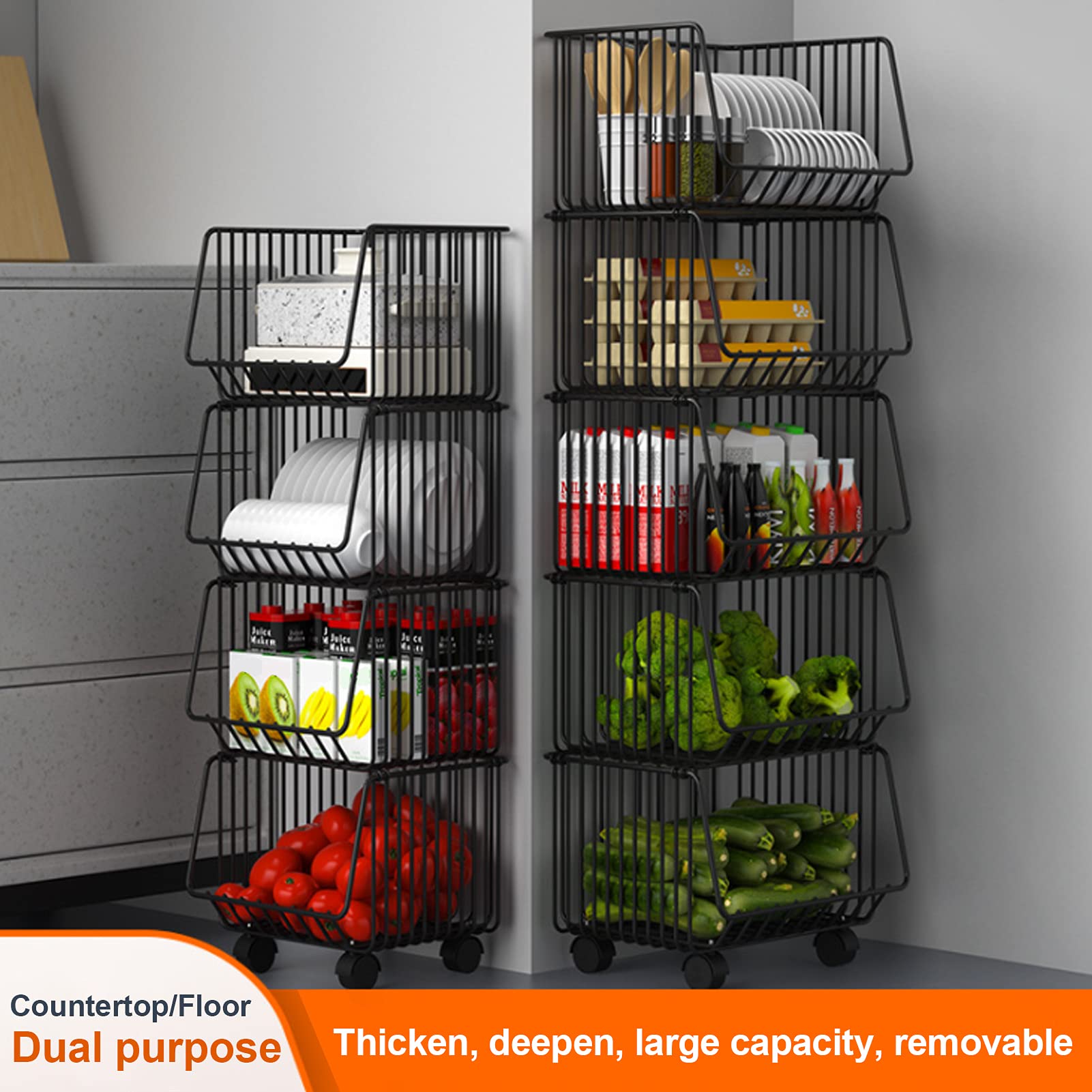 5-Tier Wire Hanging Fruit Basket - XL Black Kitchen Storage Organizer for Fruits, Vegetables & Pantry Items | Space-Saving Produce Rack for Countertop, Garden Harvest & Home Organization