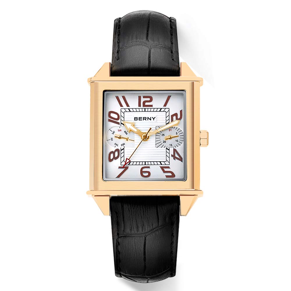 BERNY Men's Square Swiss Movement Quartz Watch with Calendar & Leather Strap - Stylish Dress Watch for Business, Formal Events & Everyday Wear