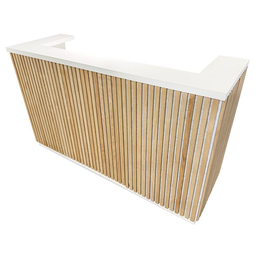 KENTO 180cm Modern Reception Desk with White & Oak Timber Slat Acoustic Panel - Perfect for Office Lobby, Hotel Front Desk, and Corporate Waiting Areas