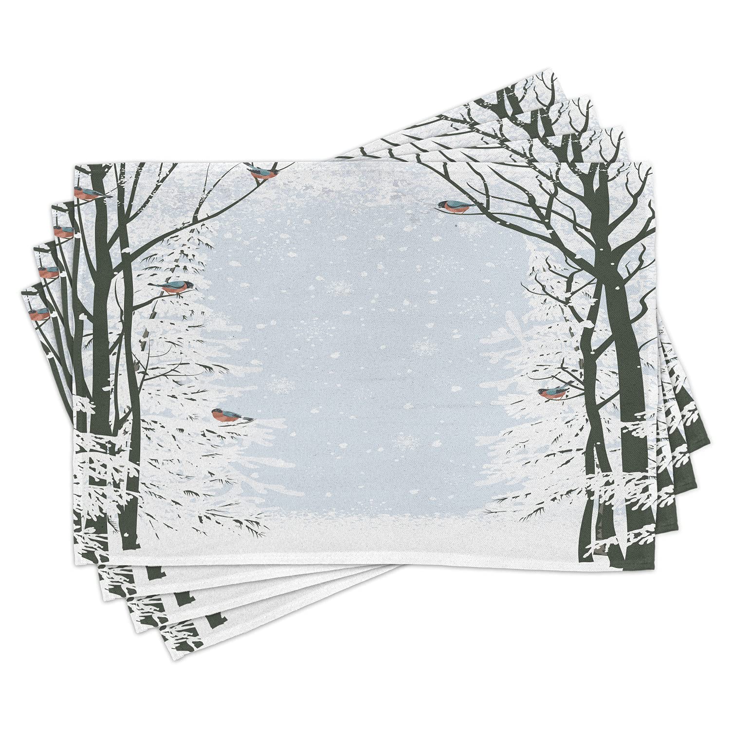 Ambesonne Winter Place Mats Set of 4 - Snowy Trees & Bullfinch Birds Design, Washable Fabric Table Mats for Dining Room & Kitchen Decor in Black, Pale Grey & White | Perfect for Holiday Dinners & Cozy Winter Gatherings