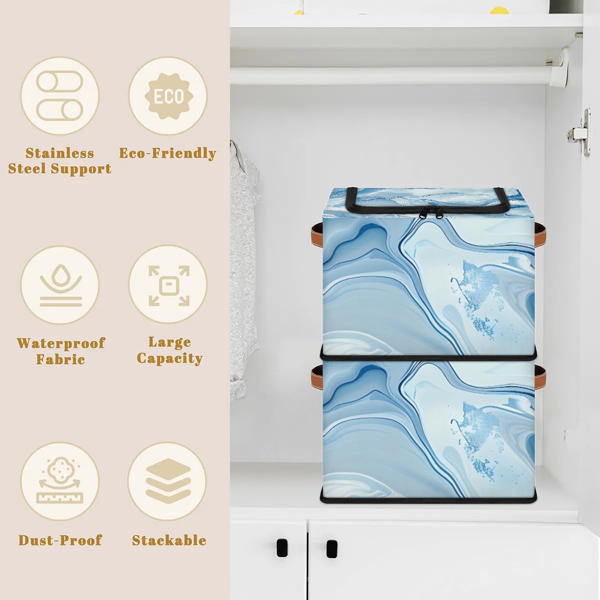 Collapsible Metal Frame Storage Bins with Zipper Lid & Handle - Light Blue Organizing Baskets (2 Pack) - Perfect for Bedroom, Closet, Toy & Clothes Storage - Space Saving Home Organization Solution