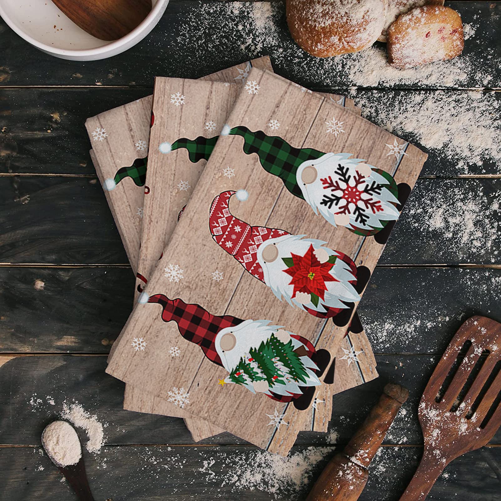 Christmas Kitchen Towels Set of 2 - Merry Christmas Buffalo Plaid Farmhouse Dish Cloths with Gnomes, Snowflakes & Pine Tree Designs - 16x28 Inch Super Soft Absorbent Cotton Tea Towels, Bar Towels & Hand Towels - Perfect for Holiday Decor, Dish Drying & Kitchen Cleaning